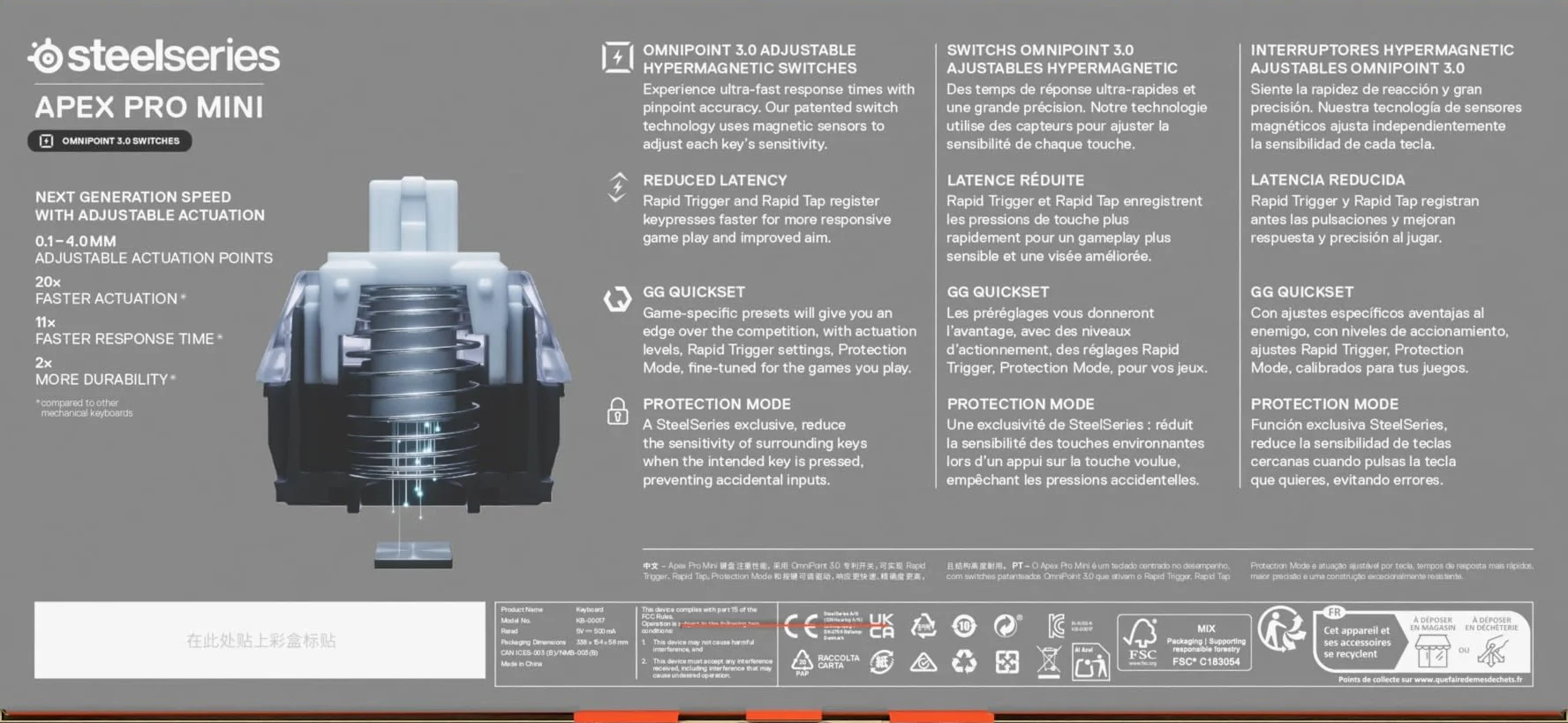 SteelSeries Apex Pro Mini Gen 3 - hipermagnetyczne przełączniki OmniPoint 3.0 – Regulowana aktywacja – Rapid Trigger – Ustawienia gier – Tryb ochrony – Rapid Tap/SOCD – RGB – nakładki z PBT -UK QWERTY