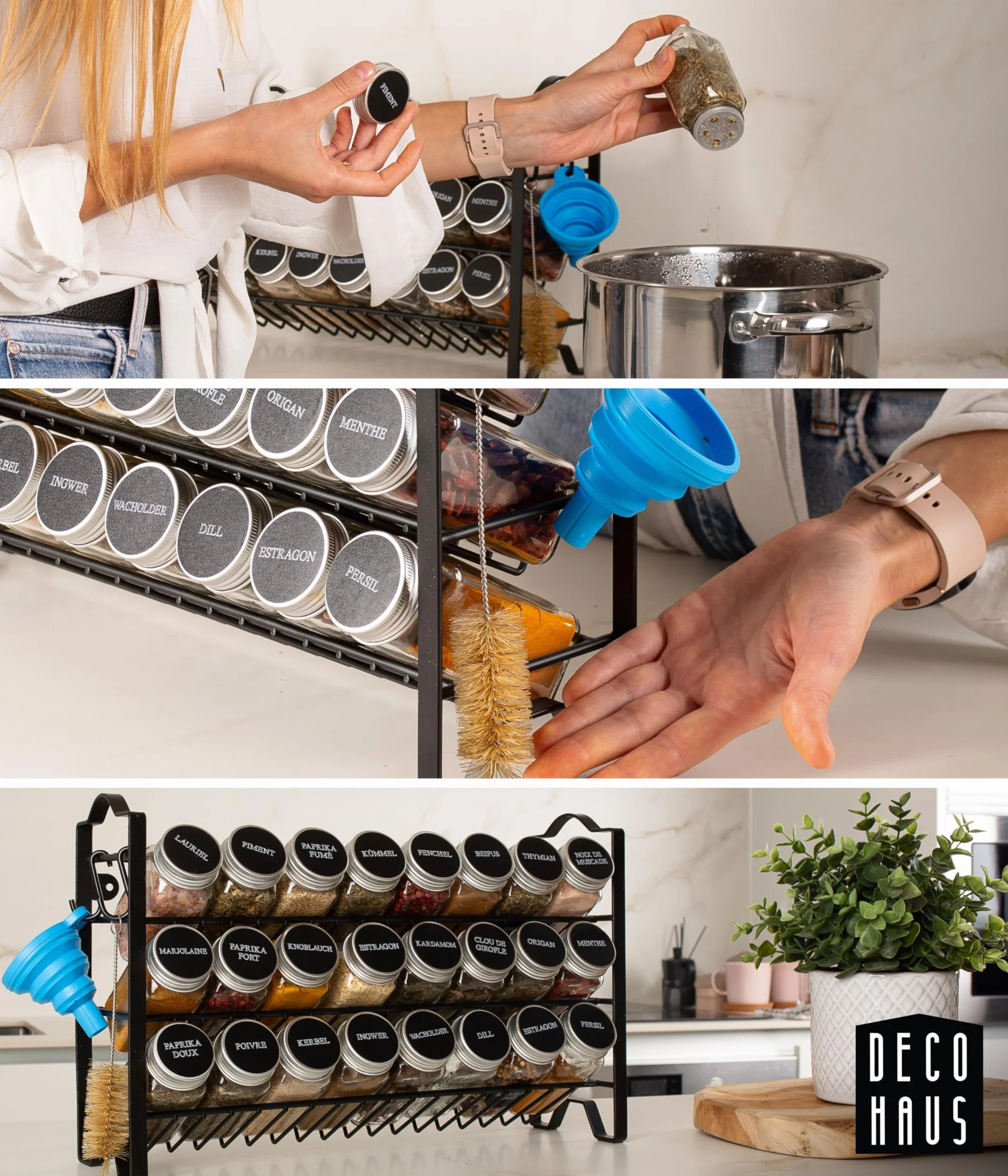 Deco Haus® Stojak na Przyprawy ze Słoikami na Przyprawy - 3-poziomowy Metalowy Organizer Kuchenny - 24 Słoiczki, 48 Etykiet, Pędzelek, Haczyki, Lejek - Półka Wolnostojąca lub na Ścianę - Czarny Regał