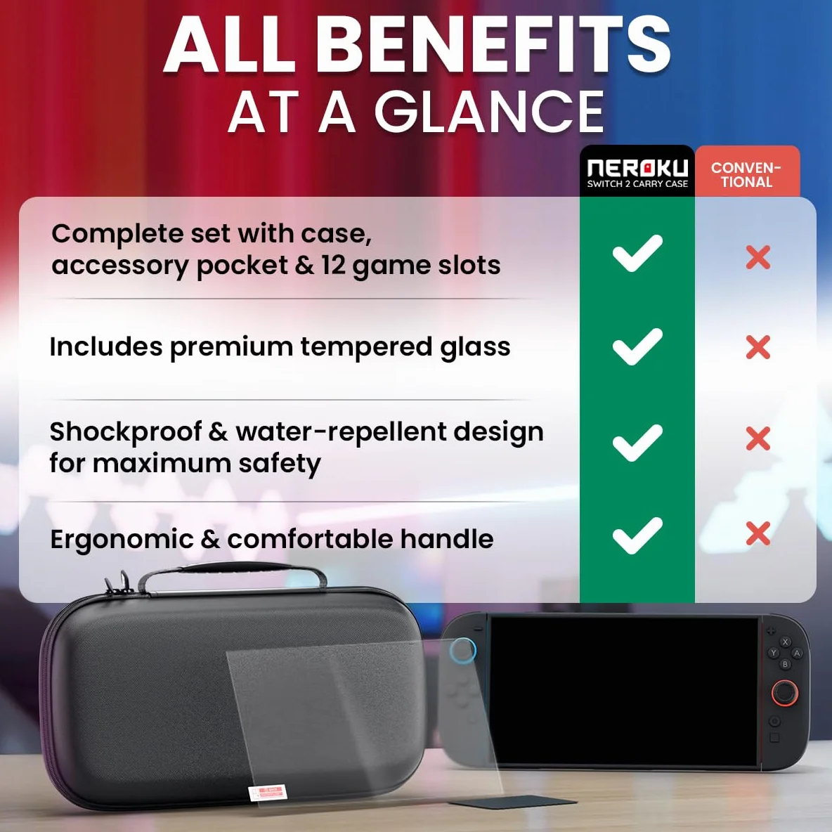 Neroku Wytrzymałe etui na Nintendo Switch 2 I model 2025 I Switch 2 zestaw akcesoriów składający się z etui Switch 2 i folii ze szkła pancernego, schowka na akcesoria i miejsce na 12 gier, etui