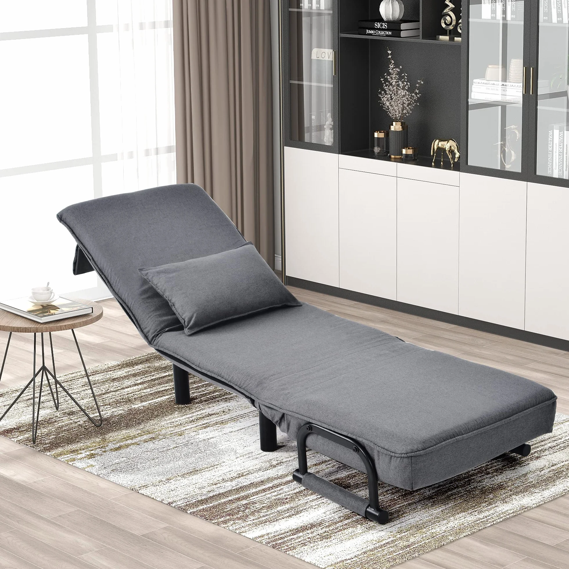 okwish 1-osobowy fotel rozkładany, składany fotel z 6-pozycyjnym regulowanym oparciem, wyściełane siedzisko z materacem i poduszką, lniany szary, 66 x 56 x 83 cm