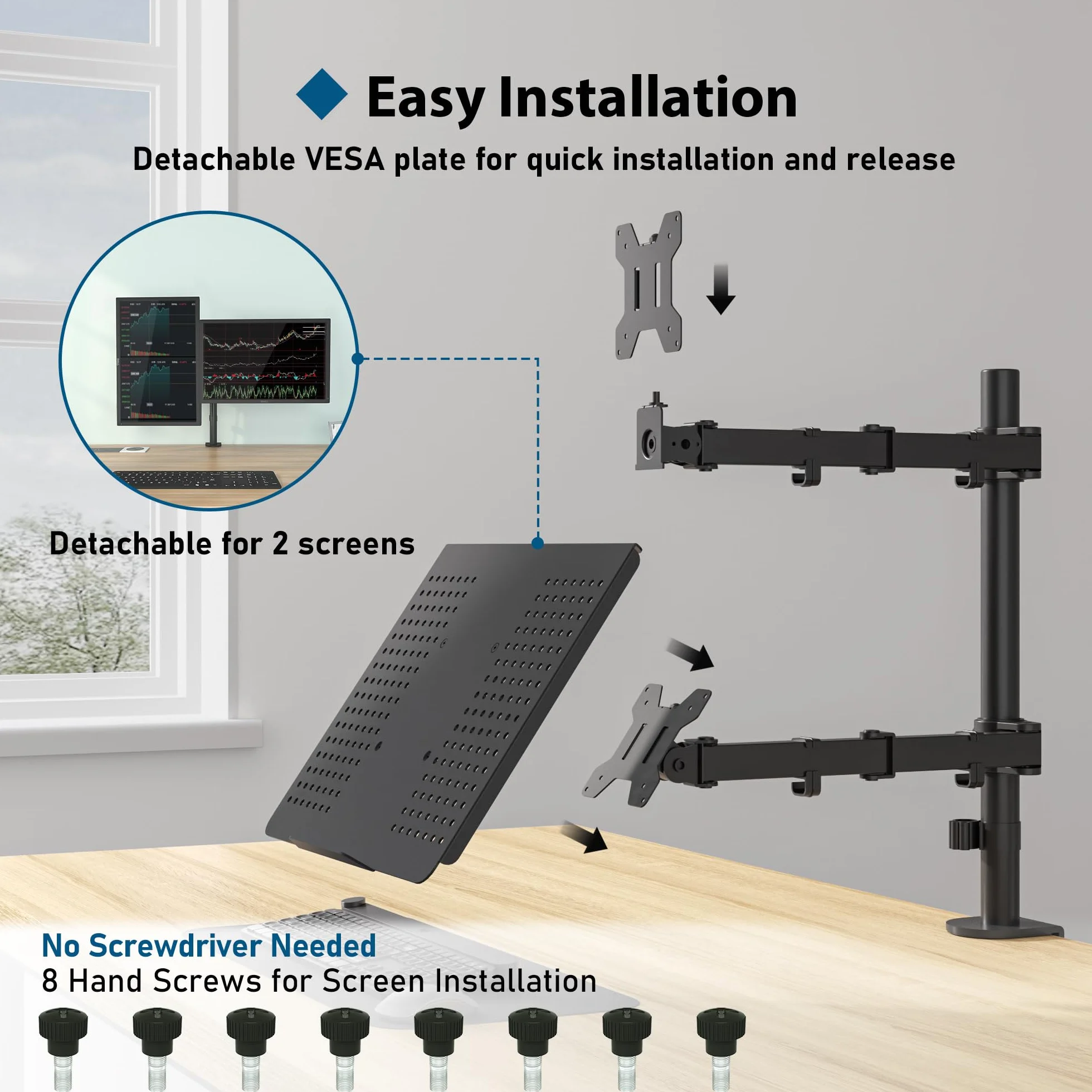 BONTEC Ramię monitora z tacą na laptopa, uchwyt na biurko na laptopa do ekranu 13-27 cali i 17 cali, regulacja wysokości, pełny ruch VESA, obrót nachylenia o 360°, zarządzanie kablami w zestawie