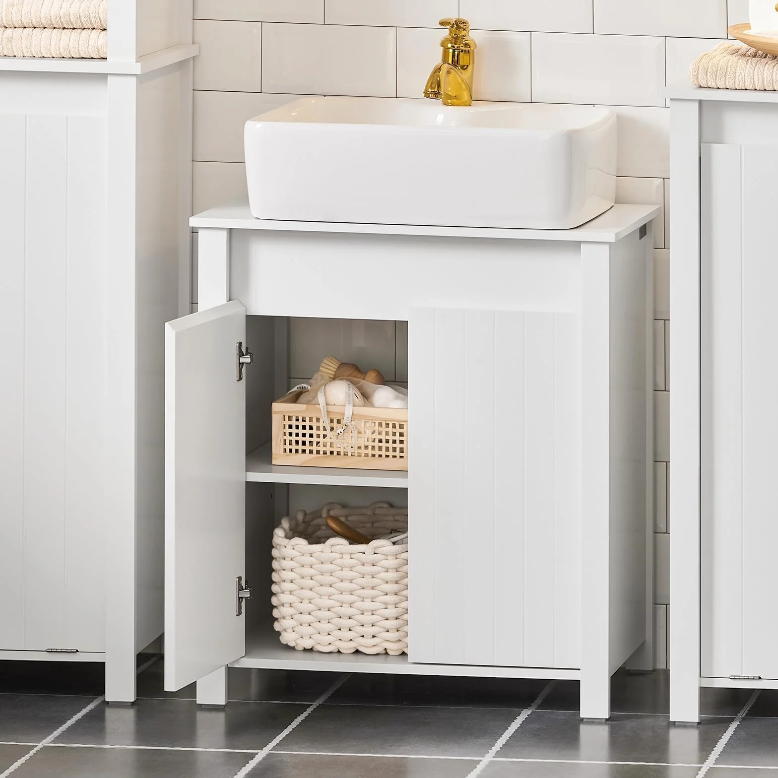 SoBuy BZR101-W Stojąca Szafka Pod Umywalkę Łazienkowa Komoda Kosz na Pranie Biały 60x34x65.5 cm