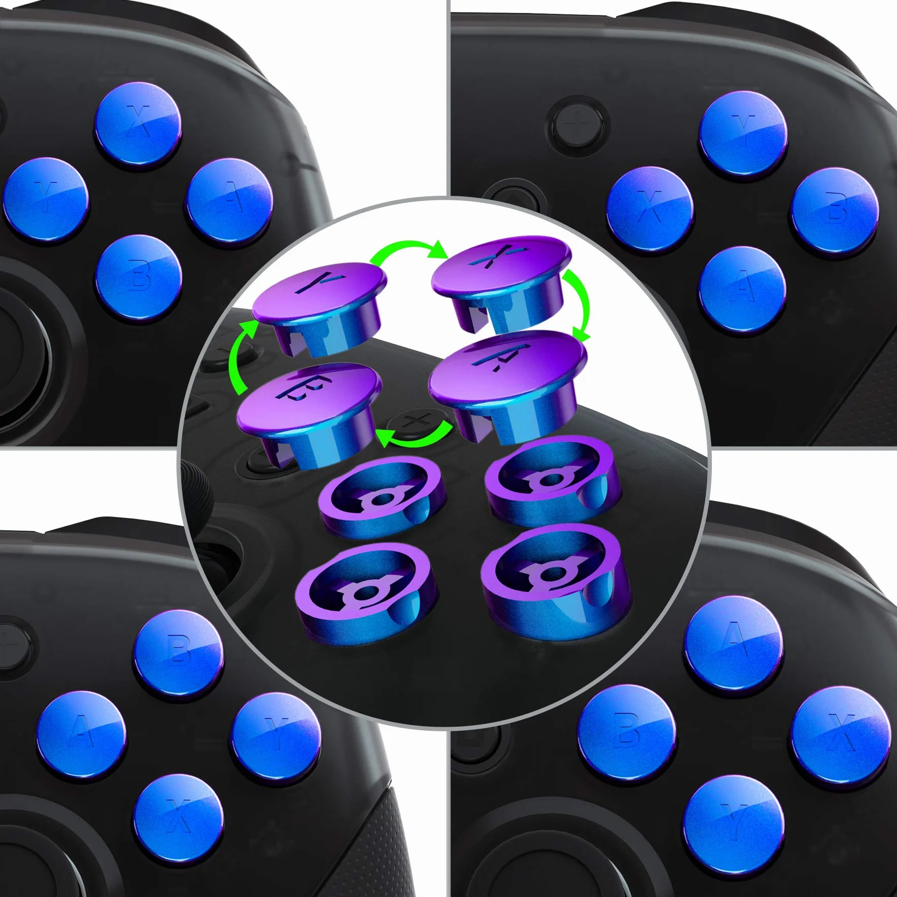 eXtremeRate Kameleon fioletowy niebieski wymienne przyciski ABXY do kontrolera Nintendo Switch Pro, wymienna wymiana ABXY do kontrolera NS Pro - kontroler nie jest dołączony