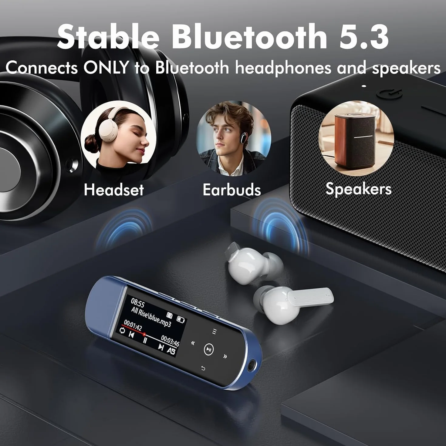 64GB Przenośny odtwarzacz MP3 z USB i Bluetooth 5.3, klips do sportu i biegania, radio FM, nagrywarka głosowa, przesyłanie plików z telefonu i cyfrowa funkcja losowania utworów