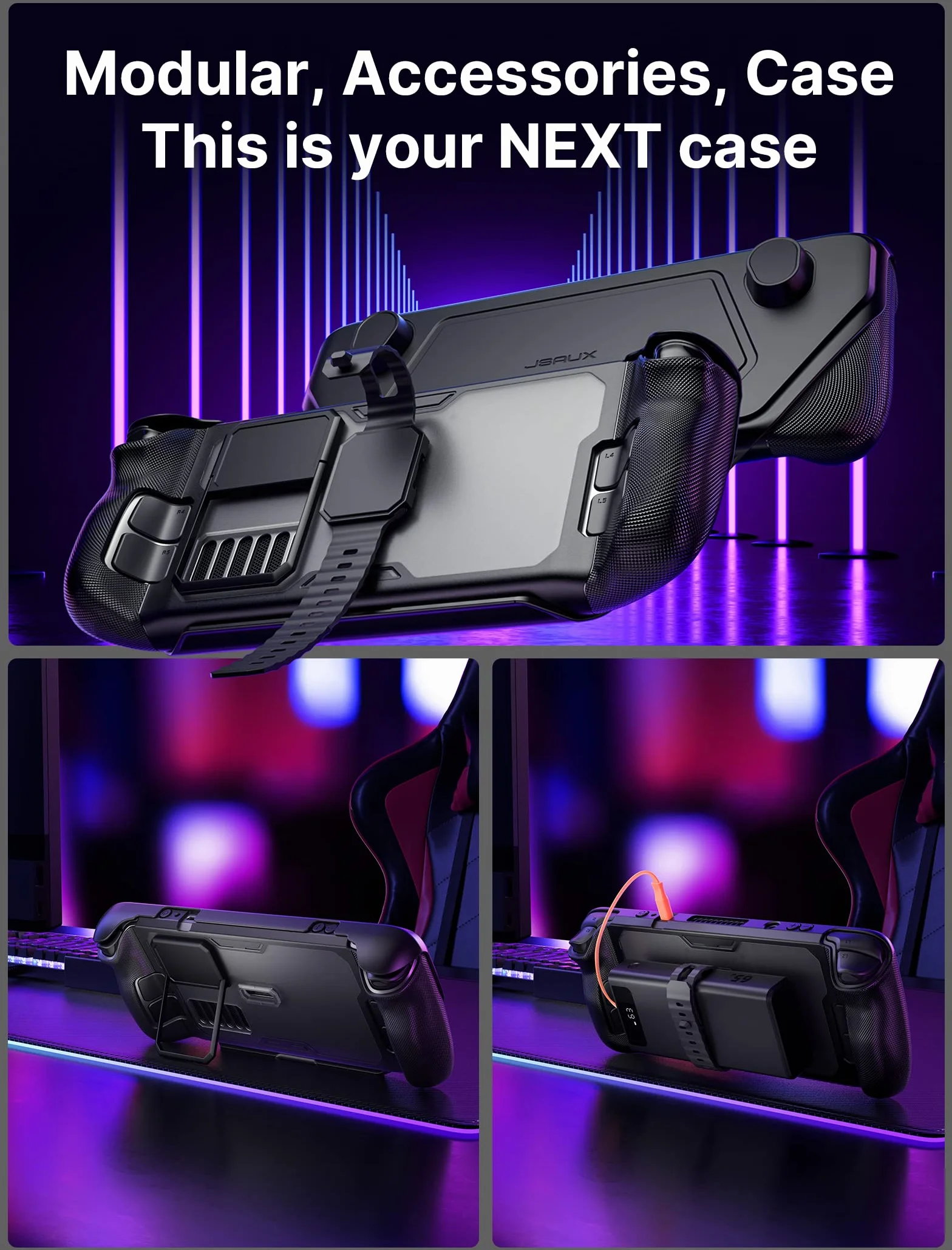JSAUX ModCase kompatybilny z Steam Deck, PC0104 modułowa obudowa kompatybilna ze Steam Deck z odłączanym przodem, zestaw zawiera etui ochronne, osłonę ekranu, uchwyt i pasek – zestaw podstawowy