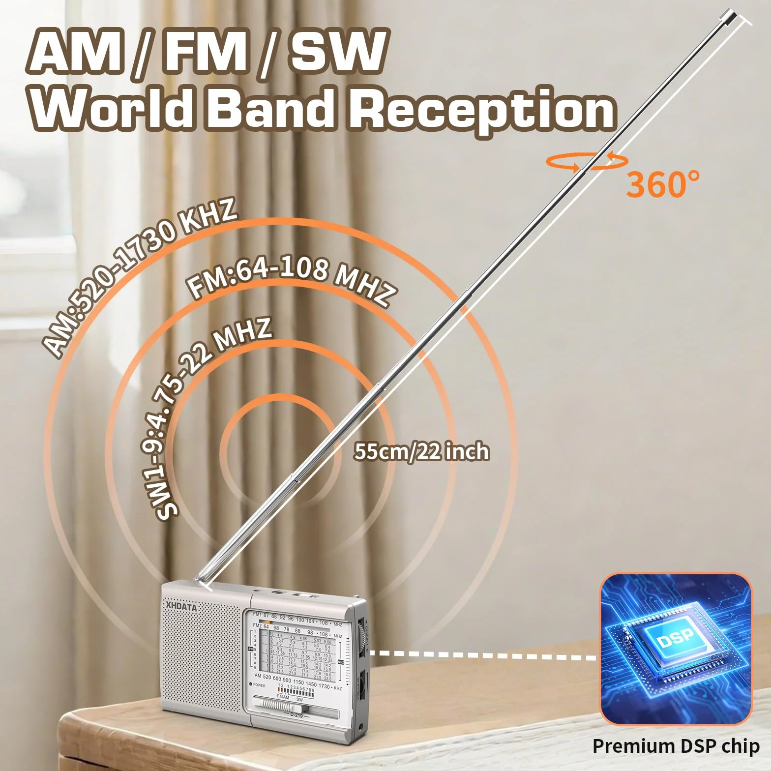 XHDATA D219 Retro FM/AM/SW, przenośne radio na baterie, do domu, na kemping i wędrówki, beżowe