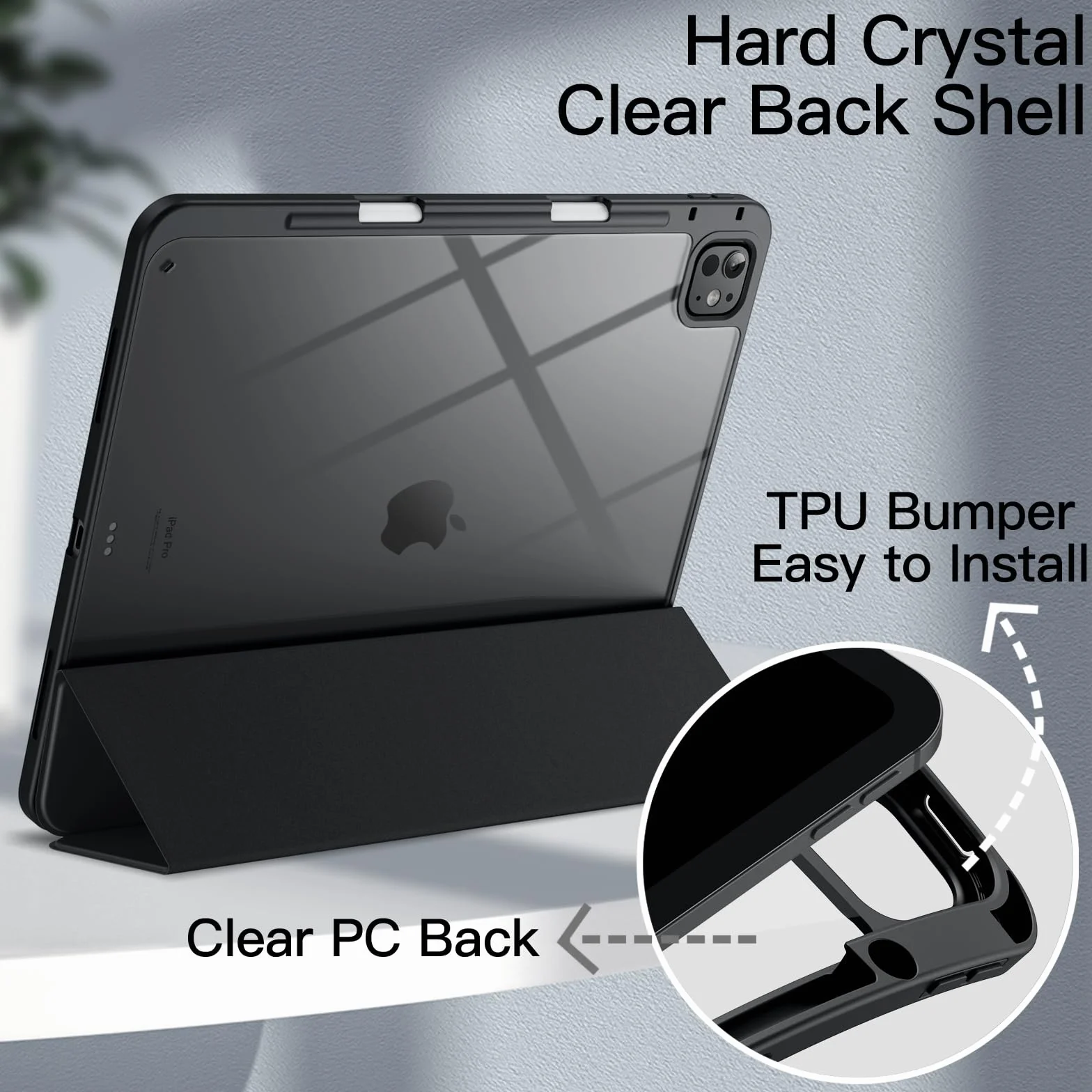 JETech Etui dla iPad Pro 13 Cala M5/M4 (2025/2024) z Pencil Uchwyt, Przejaśniać Przezroczyste Tylna Skorupa Smukłą Podstawkę Odporny na Wstrząsy Osłoną Tabletu (Czarny)