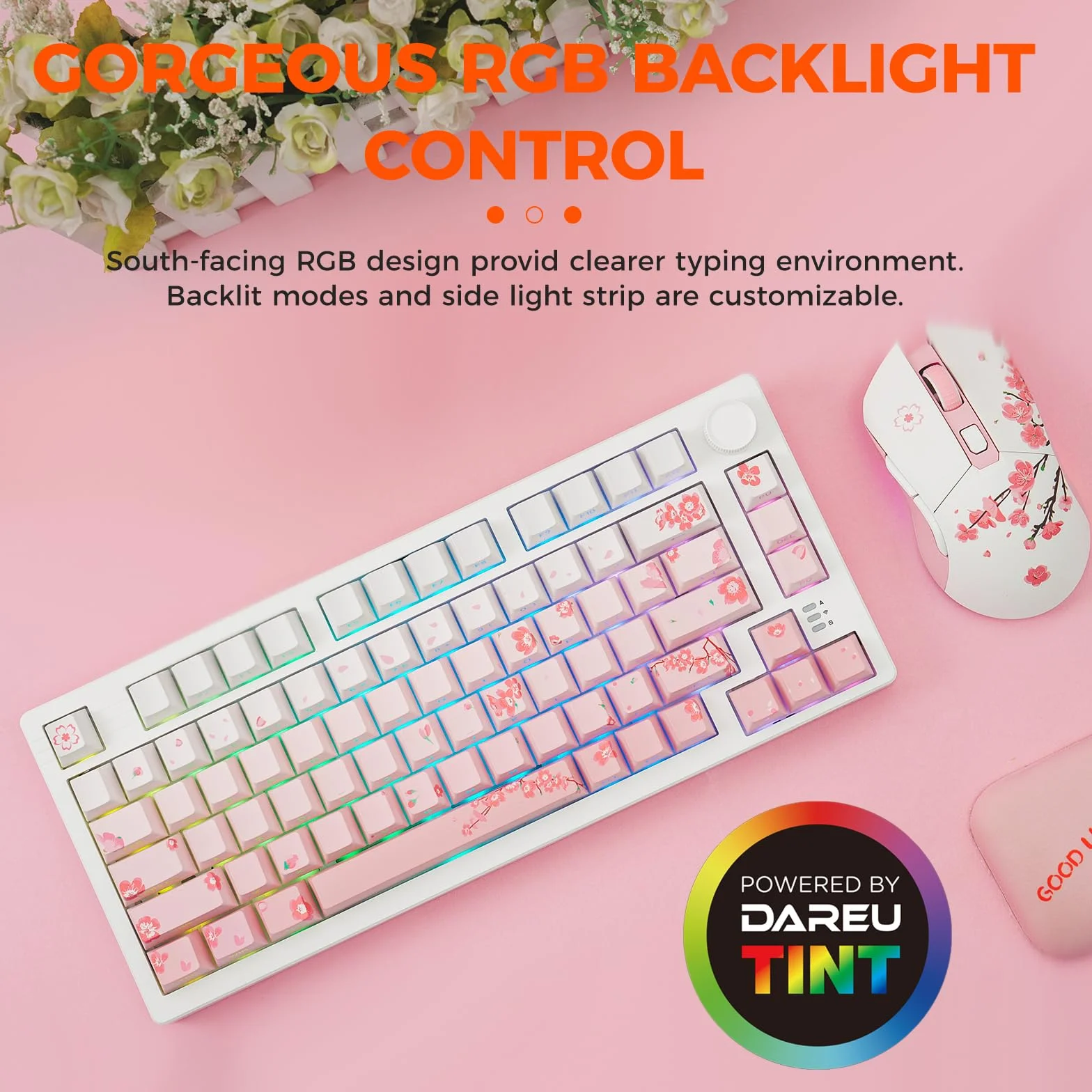DAREU EK75PRO Różowa bezprzewodowa klawiatura mechaniczna, klawiatura gamingowa podświetleniem RGB, niestandardowa konstrukcja uszczelki, klawisze PBT z nadrukiem bocznym, 2,4 GHz/BT5.1, for Win/MAC