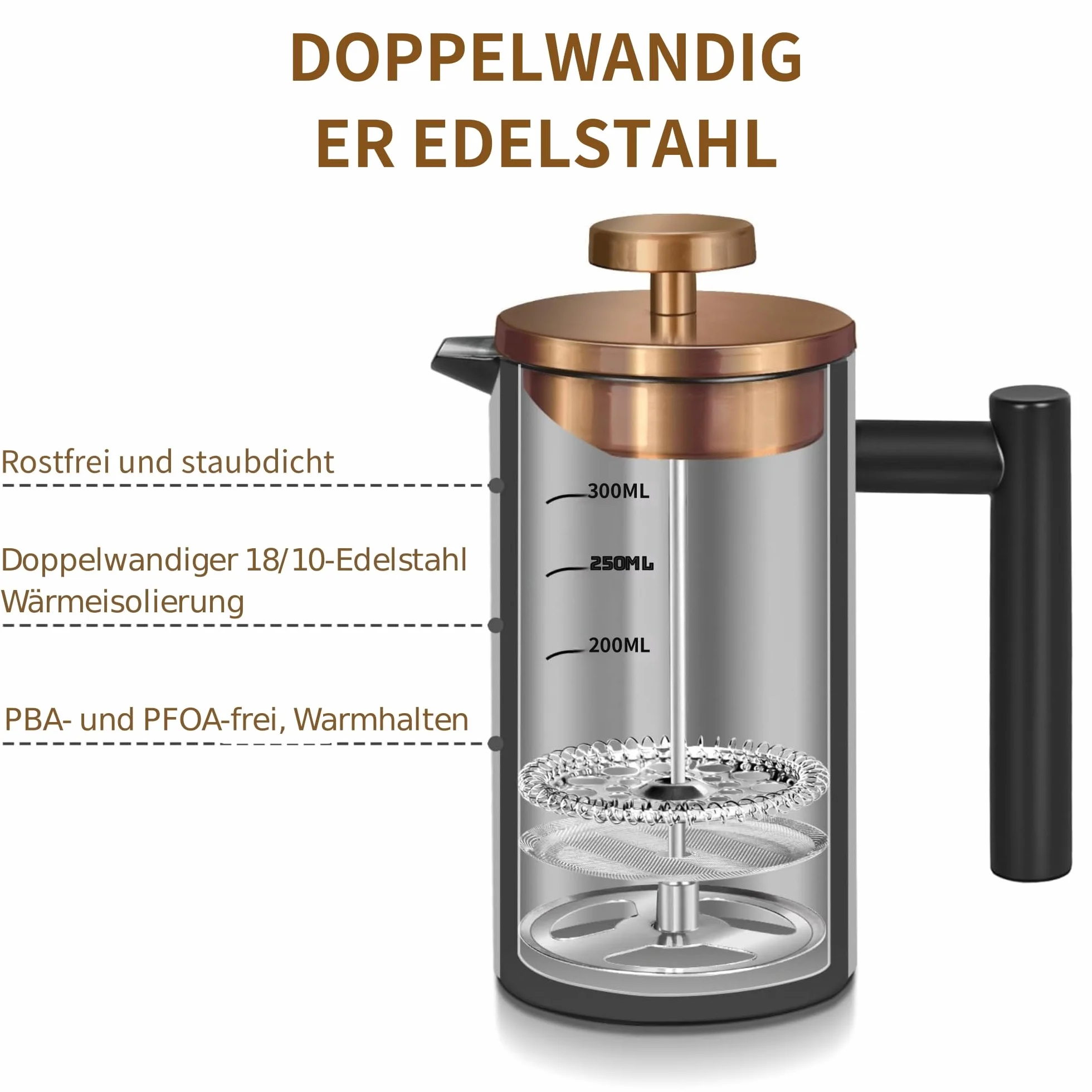 Zaparzacz do kawy French Press 350 ml, różowe złoto, kompaktowy podróżny