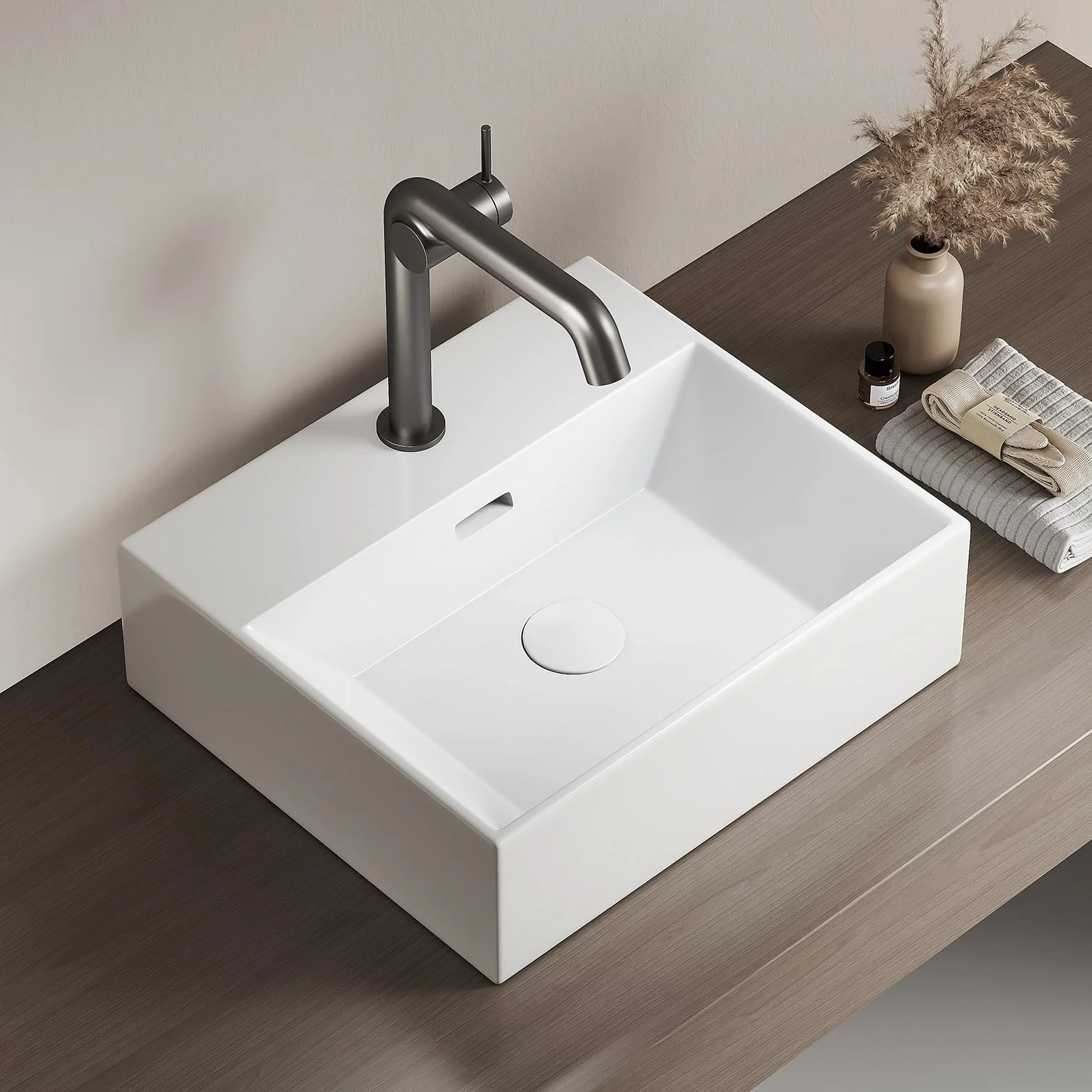 EMKE Nowoczesna umywalka, wysokiej jakości ceramiczna wisząca umywalka z cienką krawędzią, do łazienki i toalety dla gości, 415x360x130mm, biała, kwadratowa