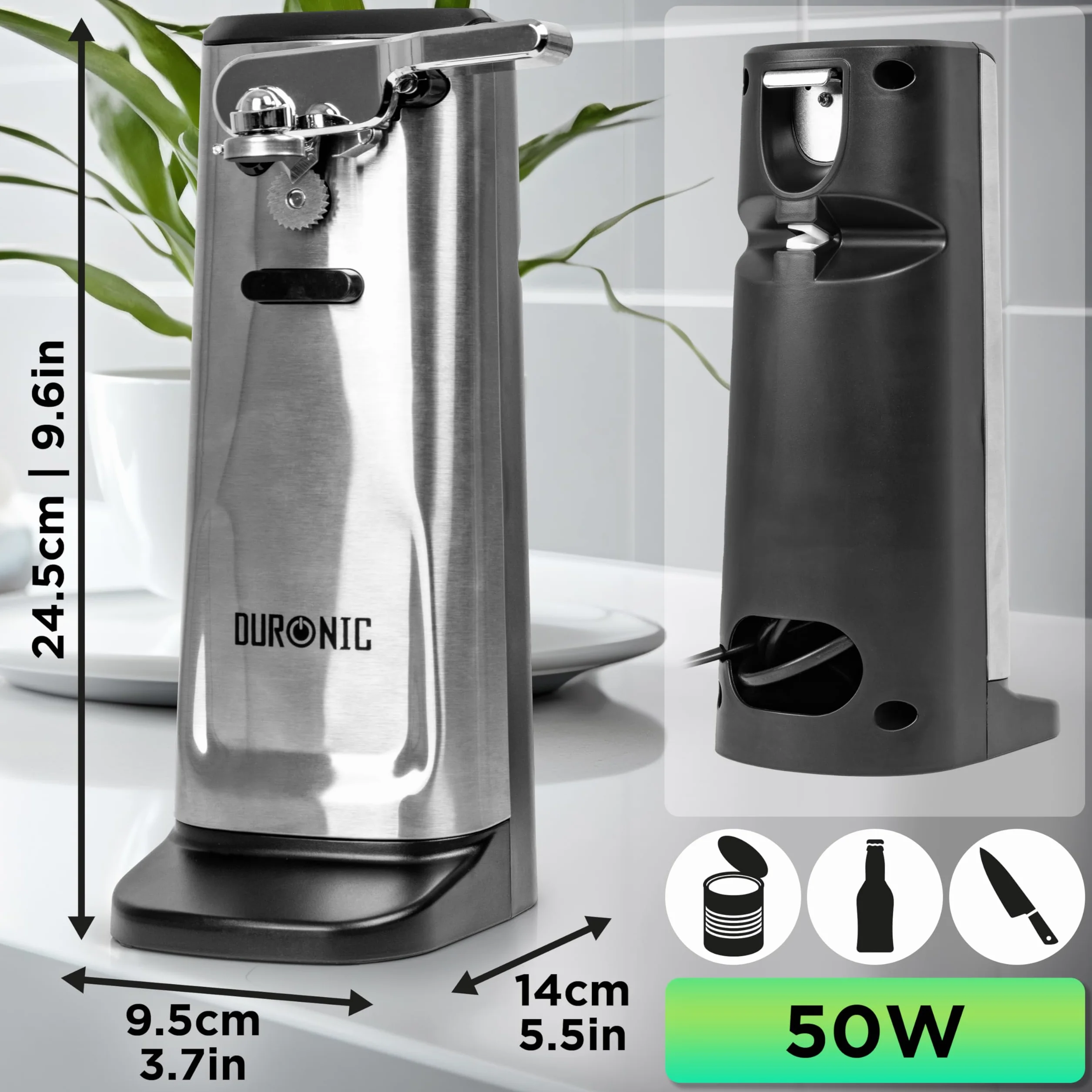 Duronic CO60 Elektryczny otwieracz do puszek 3 w 1, otwieracz do butelek i ostrzałka do noży, obsługa jednym naciśnięciem, kompaktowy i elegancki design dla osób z zapaleniem stawów