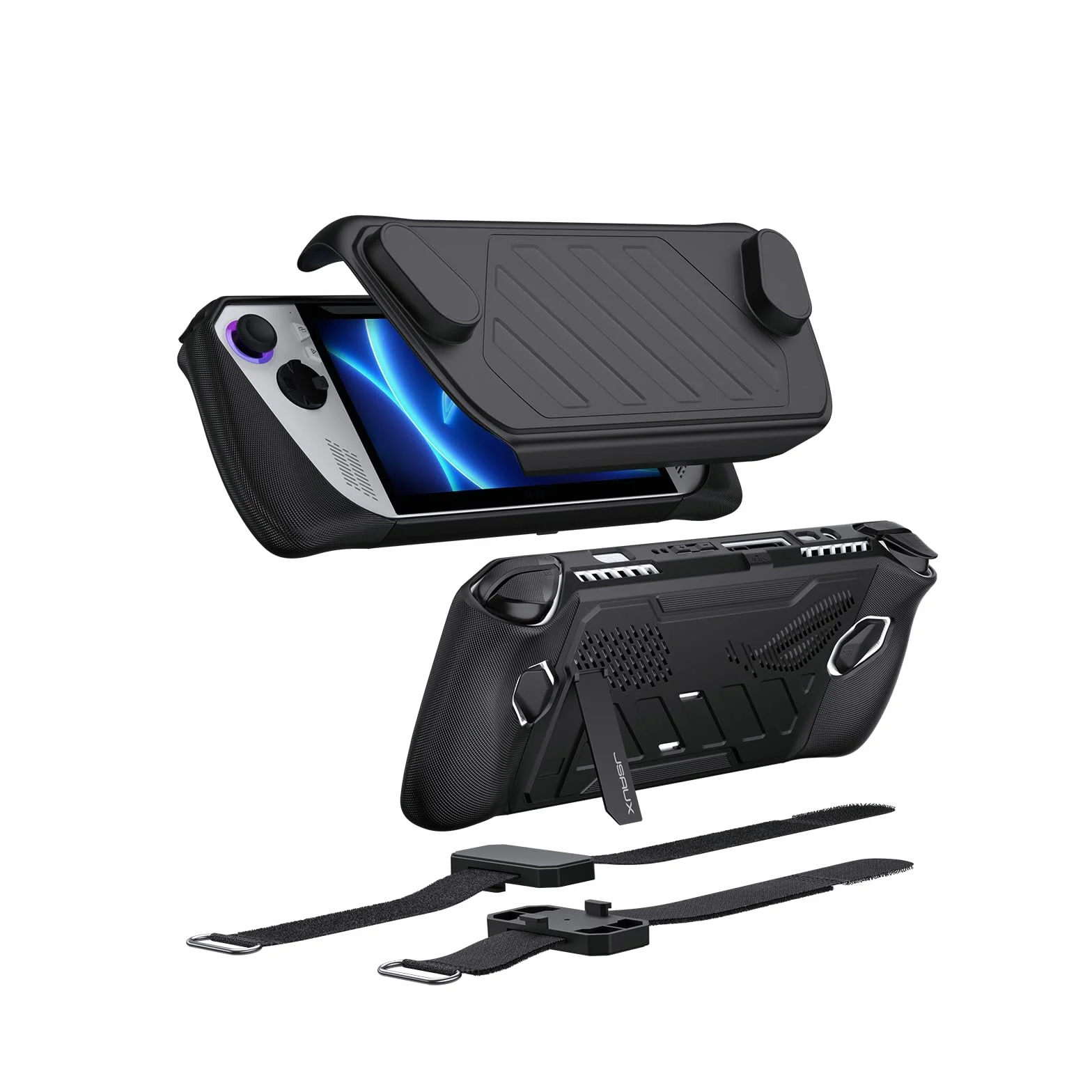 JSAUX ModCase do ROG Ally ze zdejmowaną osłoną przednią, pokrowcem ochronnym, metalowym uchwytem i paskiem, kompatybilny z ASUS ROG Ally, podstawowy zestaw akcesoriów, czarny PC0109