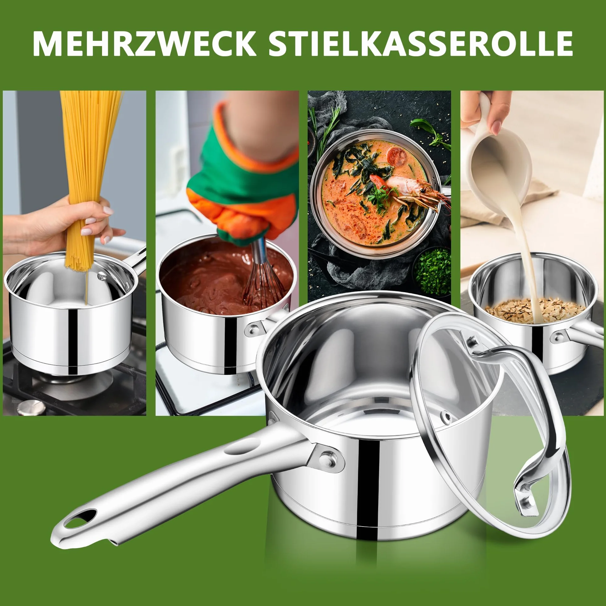 Joyfair Rondel 14 cm, 3-warstwowy rondel ze szklaną pokrywką, 1 litr stali nierdzewnej, mały garnek do gotowania/podgrzewania/gotowania, do wszystkich rodzajów kuchenek, nadaje się do mycia w zmywarce