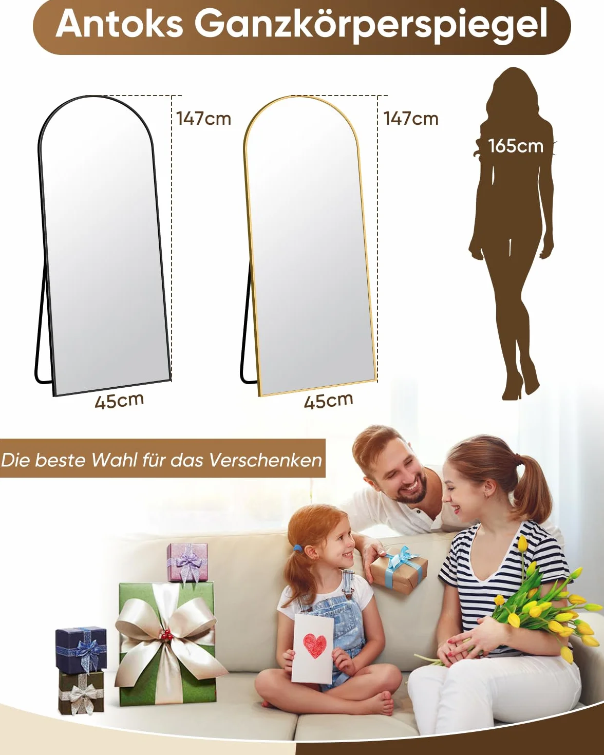 Antok Pełne lustro 147 x 45 cm stojące ścienne z ramą aluminiową czarne