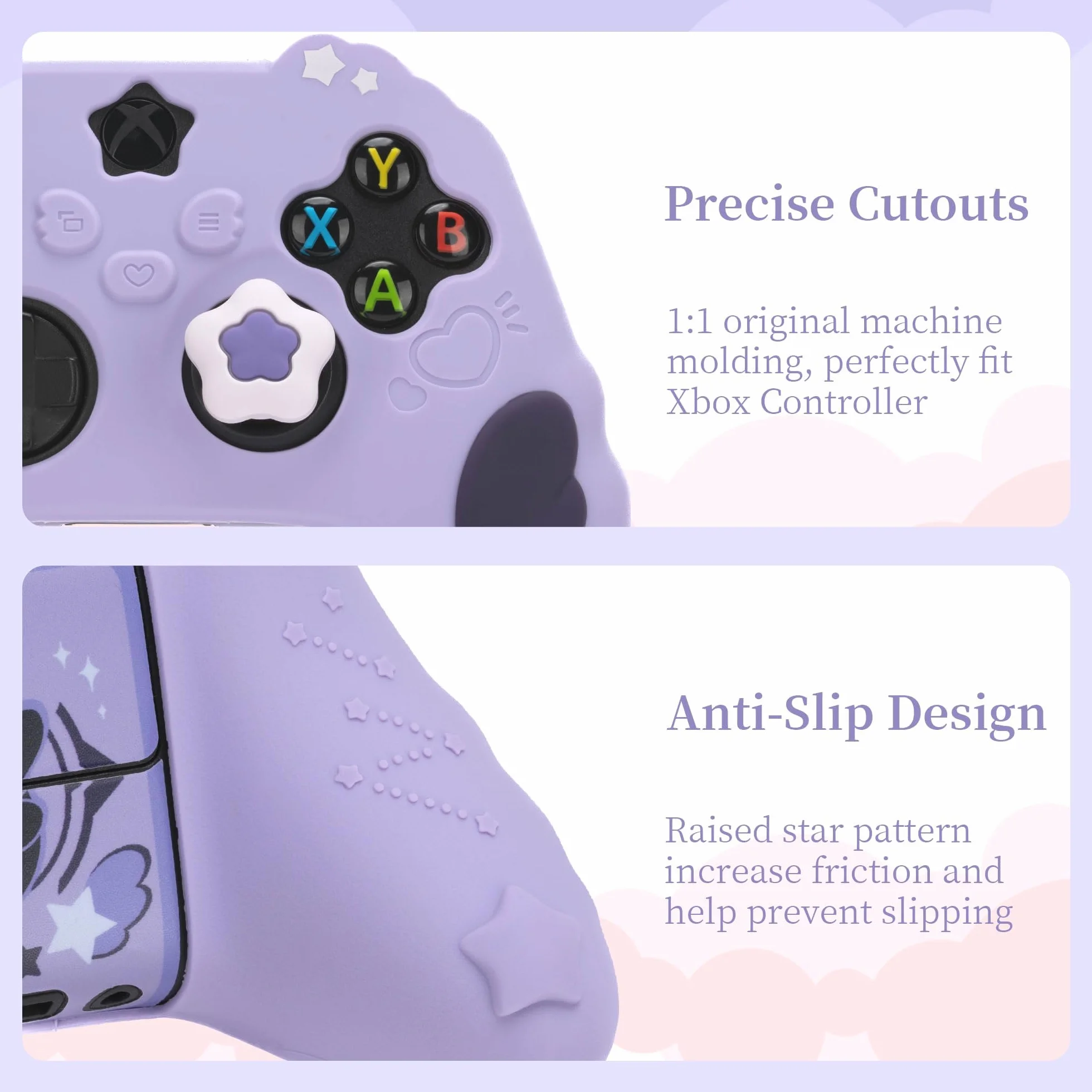 Zestaw skórek kontrolera GeekShare do konsoli Xbox Miękki silikonowy pokrowiec ochronny Kompatybilny z kontrolerem Xbox Series X z 2 nakładkami na kciuki i 2 naklejkami - seria Star Wings - fioletowy