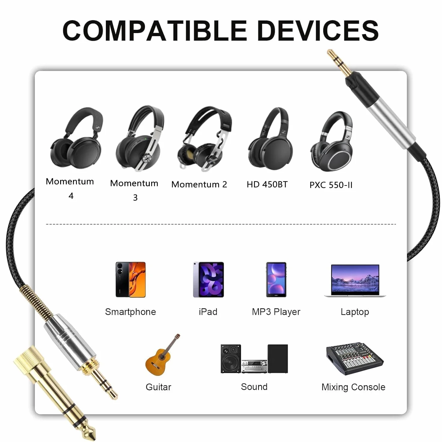 Toxaoii HD598 kabel audio kompatybilny ze słuchawkami Sennheiser HD598, HD558, HD518, HD598Cs, HD599, HD569, HD579, 2 m