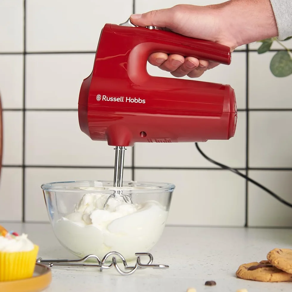Russell Hobbs Mikser ręczny [Blender ręczny] Desire Red (5 Prędkości + Funkcja pulsacyjna, 2 Chromowane trzepaczki i haki do ciasta, Możliwość mycia w zmywarce, duża moc 350W) 27152-56