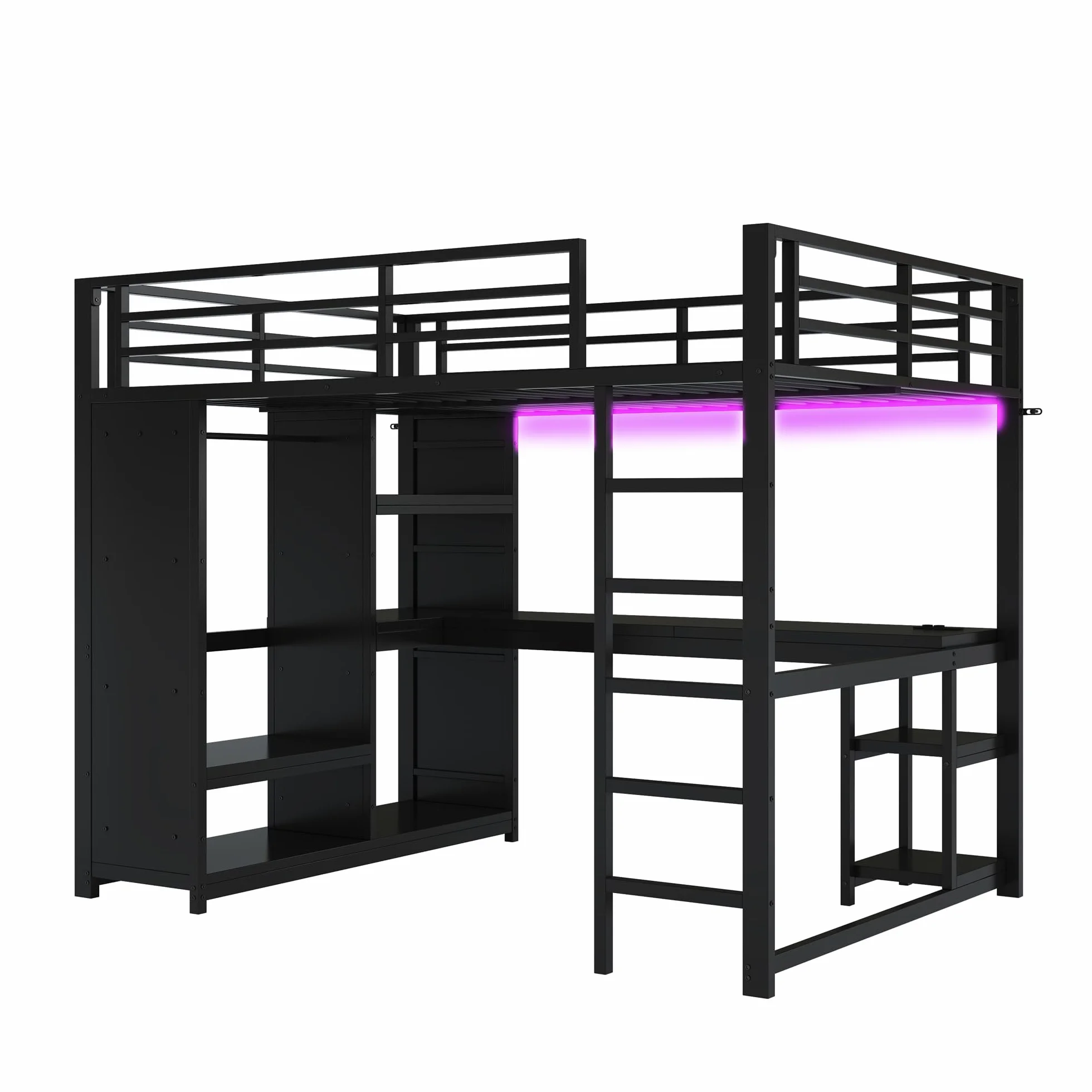 Metalowe Łóżko Piętrowe 140x200 cm z Efektem LED, Łóżko z Biurkiem i Prostymi Schodkami, Otwartą Szafą na Ubrania i Wieloma Przegrodami, Łóżko dla Młodzieży w Stylu Gamingowym, Czarne