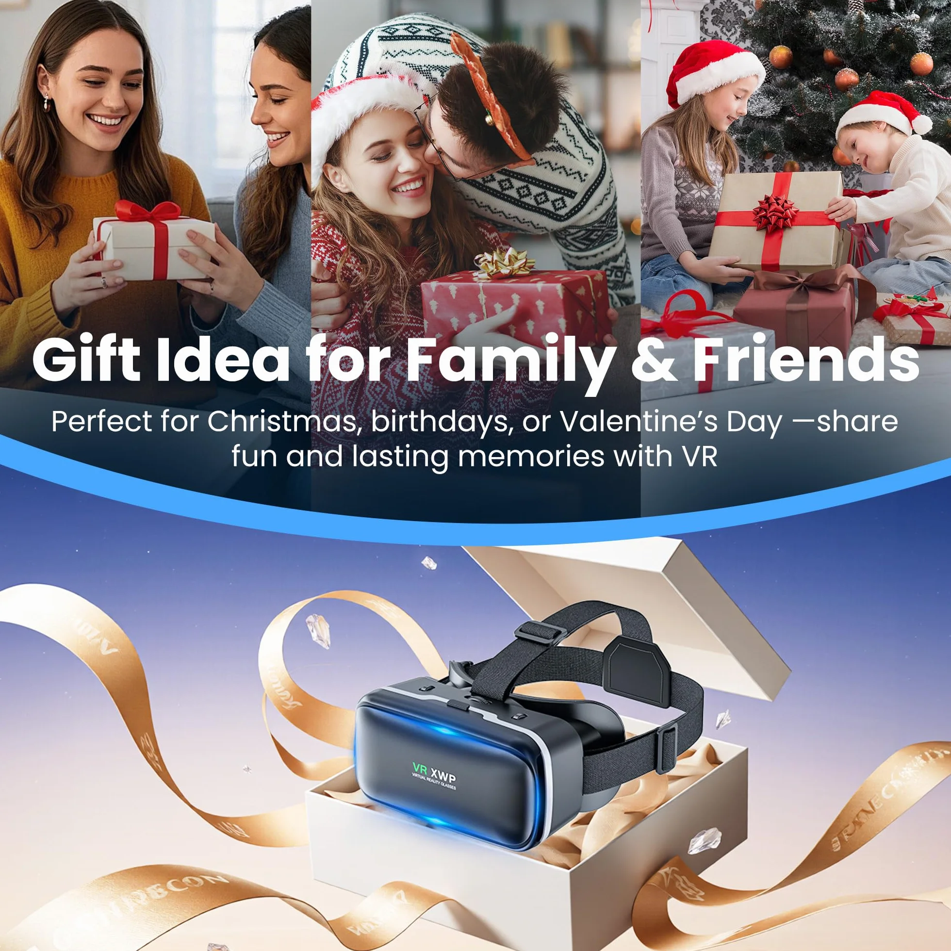 XWP Okulary VR, okulary 3D Virtual Reality z soczewką HD Anti-Blue Light do filmów i gier na telefon, kompatybilne ze smartfonami iOS/Android (4,7–6,8"), urodziny dzieci i rodziny