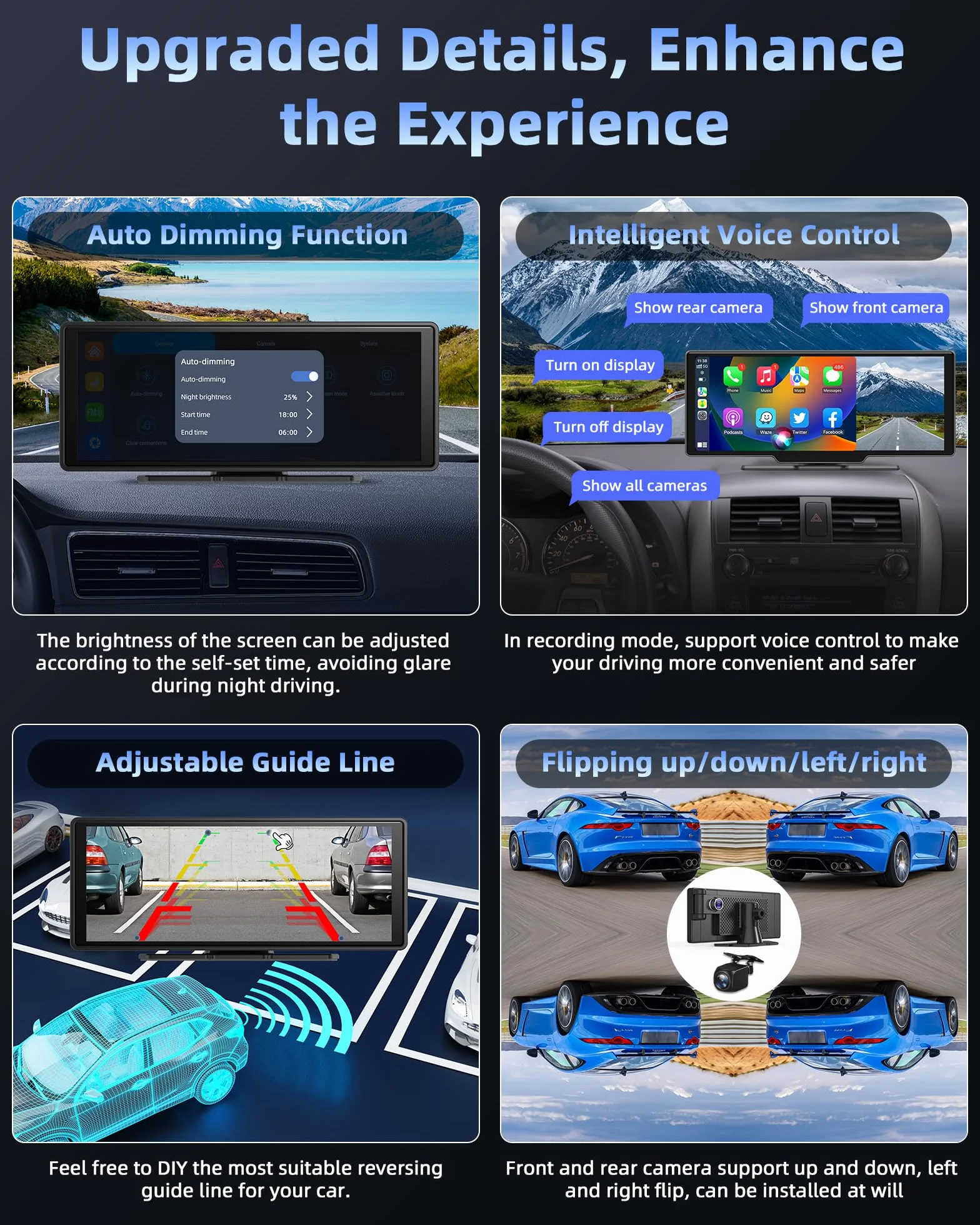 10,26-calowy wyświetlacz Apple Carplay Android Auto z regulowaną kamerą samochodową 2,5K Bezprzewodowy przedni tylny wyświetlacz Driveplay z kamerą cofania Radio samochodowe Carplay z Bluetooth 64G TF