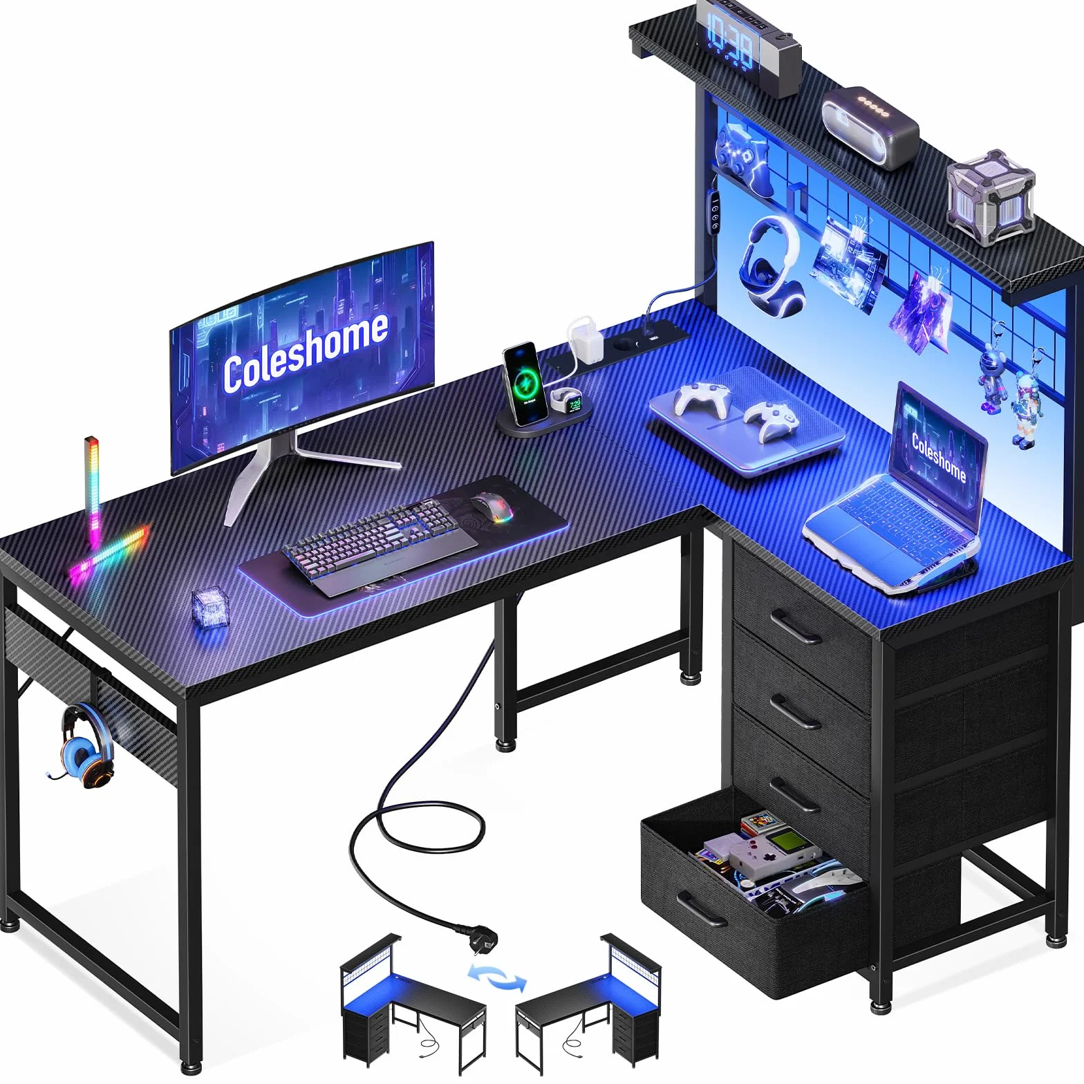 Coleshome Biurko Gamingowe z LED, Odwracalny Stół do Gier z Szufladami i Gniazdkami, Narożne Biurko z Miejscem do Przechowywania (Czarny Węglowy, 110×80 cm)