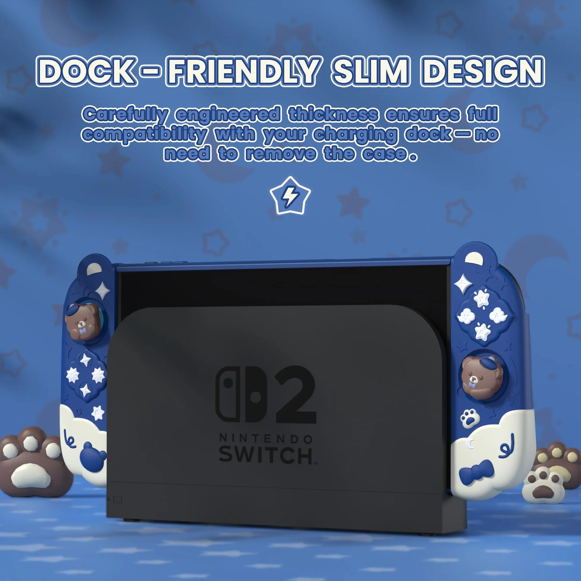 PlayVital Etui na Konsolę do Switch 2 z Silikonowymi Uchwytami Joycon do Switch 2 i Nakładkami Joysticki,Dockowalny Pokrowiec Ochronny–Niebieski,Styl Miś