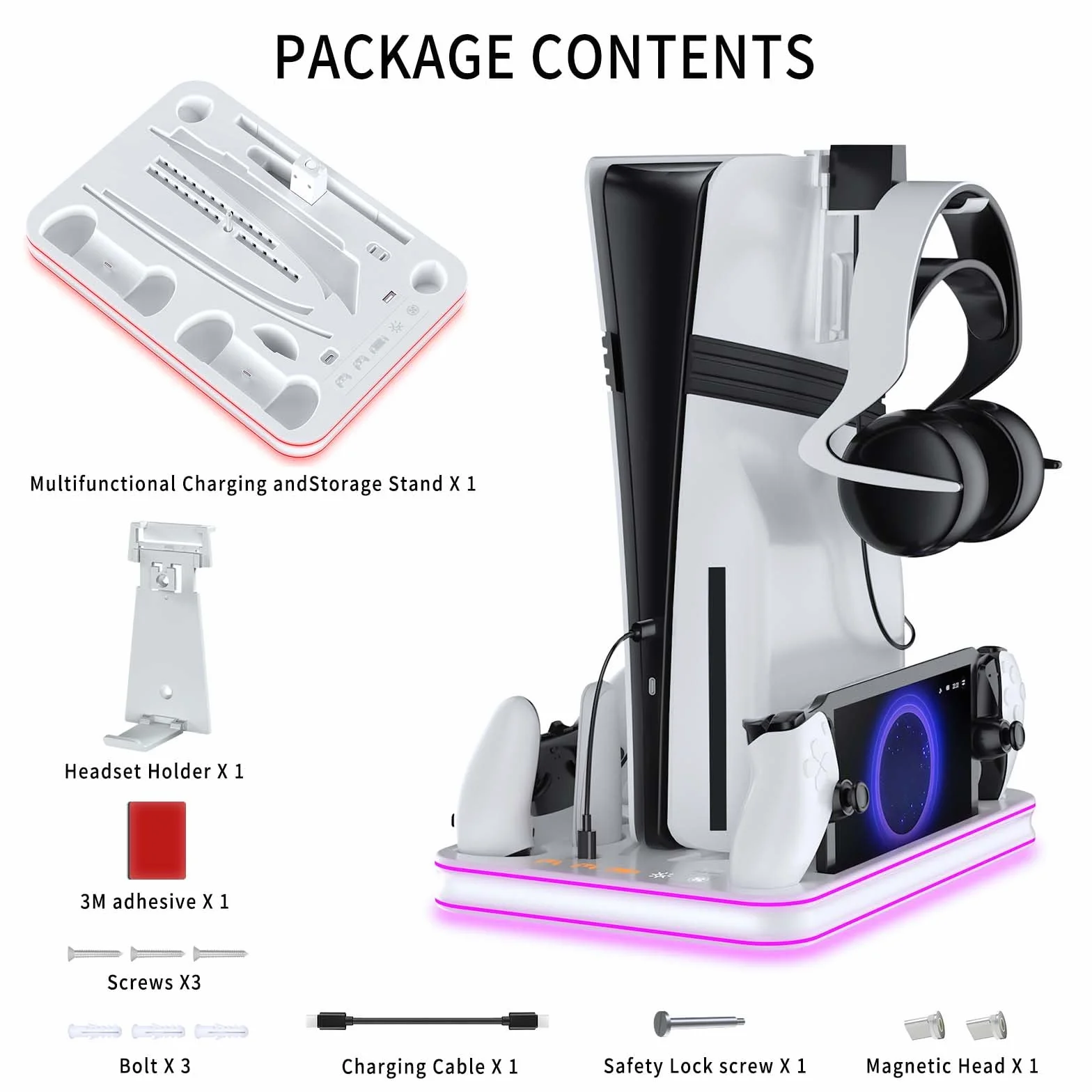 PS5 Pro/PS5/PS5 smukły stojak i stacja chłodząca z diodami LED RGB, stacja ładująca portal PS, stojak chłodzący PS5 z 3-poziomowym wentylatorem chłodzącym, akcesoria do portalu PS (biały)