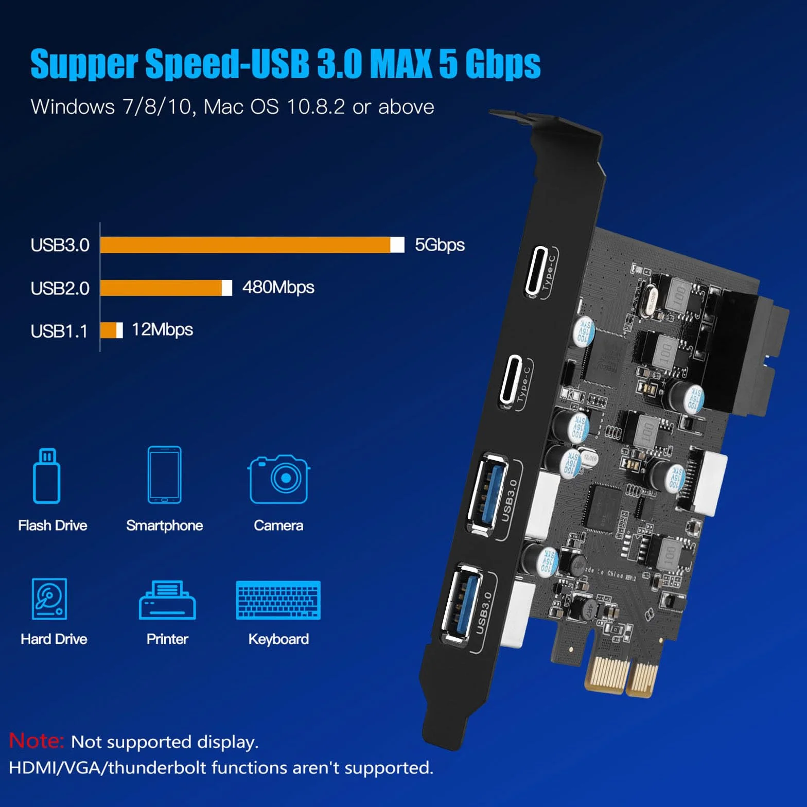 Karta USB 3.0 PCIE 6 portów, karta PCI-E na USB 3.0 typ C (2), typ A (2) 19-pinowe złącze typu E (A-Key) PCI Express karta rozszerzeń do komputera stacjonarnego Windows