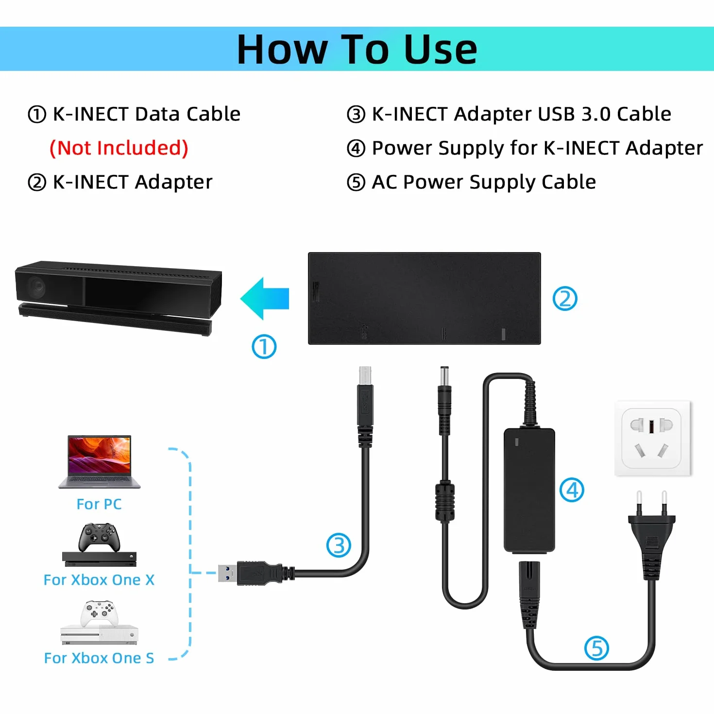 Mcbazel Adapter Kinect 2.0 do konwertera sensora z zasilaczem kompatybilny z Xbox One Slim/Xbox One X/Win11/8/8.1/10 z wtyczką europejską