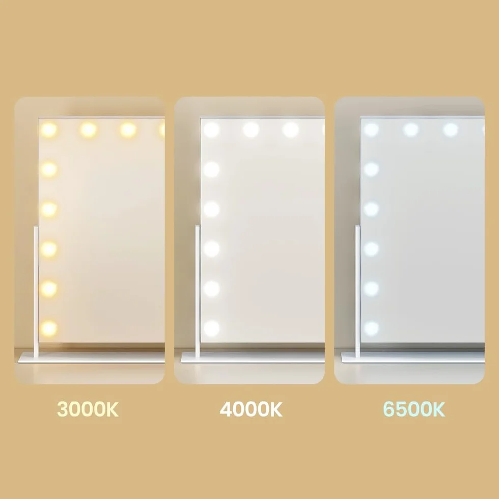 SONGMICS LWM003WC02 lusterko kosmetyczne z 18 żarówkami LED, z portami ładowania, sterowanie dotykowe, 3 kolory światła, możliwość ściemniania, uchwyt na telefon komórkowy, 80 x 60 cm, matowa biel