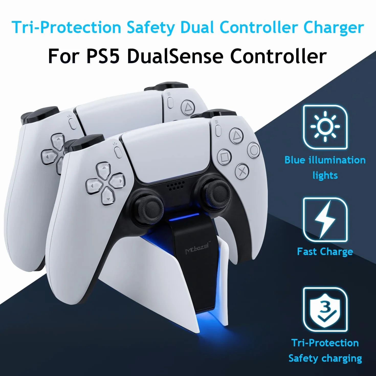 Mcbazel Stacja ładująca PS5 kontroler do kontrolera PS5 DualSense, stacja ładująca ze wskaźnikami LED / szybkie ładowanie/potrójna ochrona