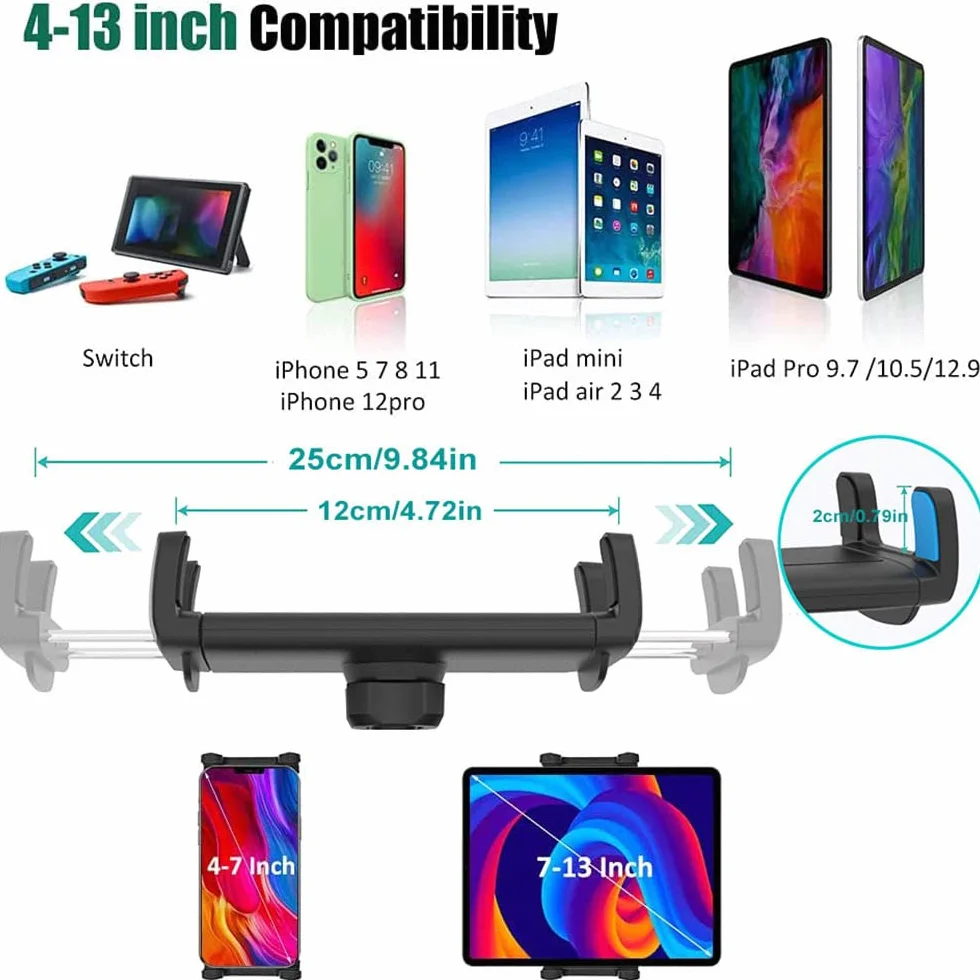 Uchwyt na tablet samochodowy zagłówek do smartfonów iPad 4-13", 81 cm (32,7"), aluminiowe ramię dla dzieci, na środku tylnego siedzenia, uchwyt na tablet, stojak do iPada Pro Air Mini, Samsung Tab, Kindle Fire HD, iPhone itp