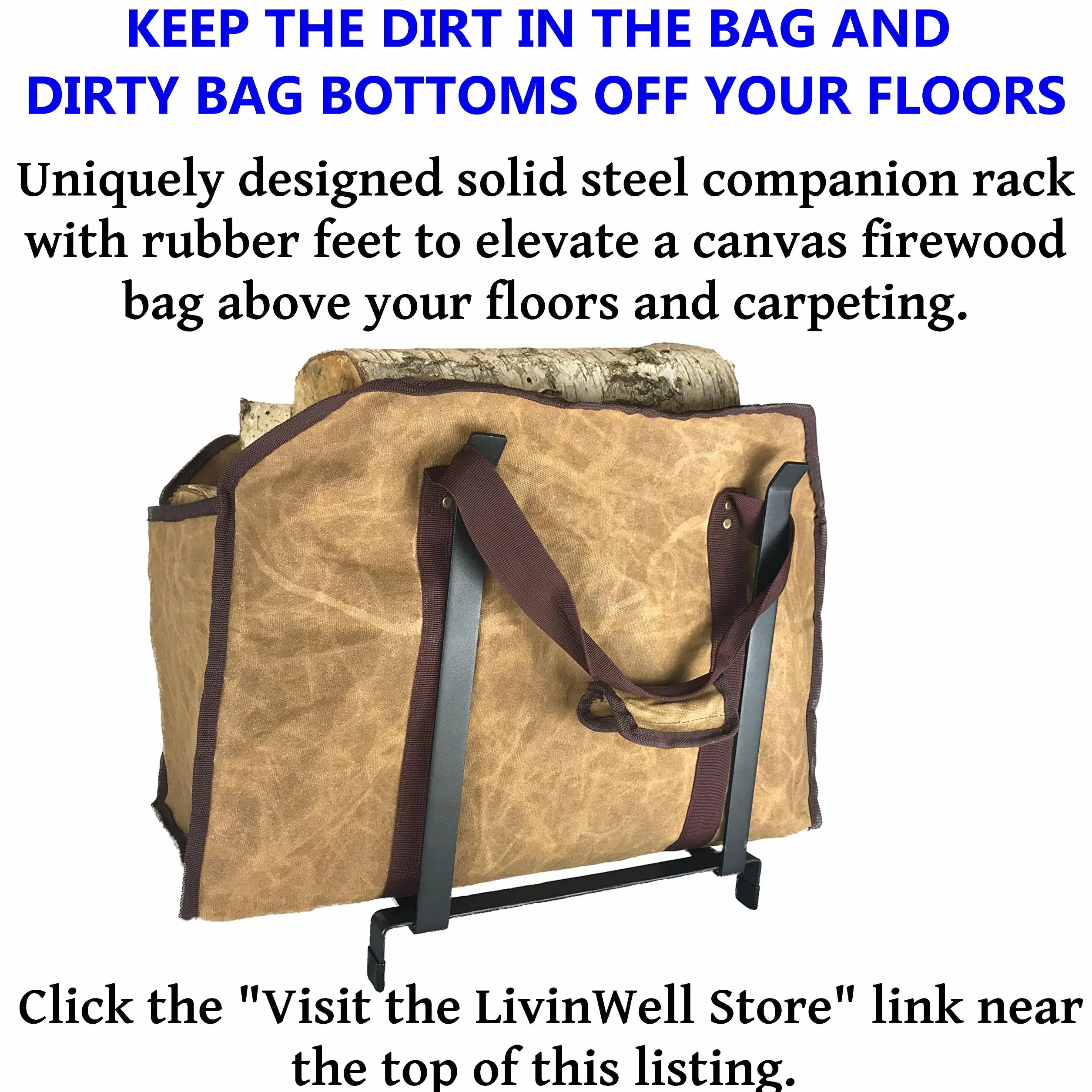 LivinWell Firewood Carrier Fire Wood Log Carry Bag Closed End Tote Stands Up for Easy Loading Heavy Duty Large Carrying Waxed Canvas Holder Basket Strong Straps Woodstove Fireplace Decor