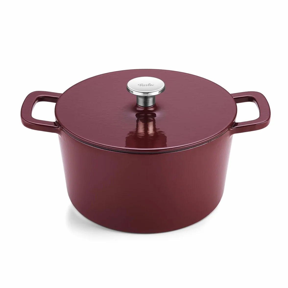 Fissler Moments emaliowane naczynie żeliwne okrągłe 24 cm garnek Cast-Iron Cocotte AromaStar indukcja burgundowa czerwień
