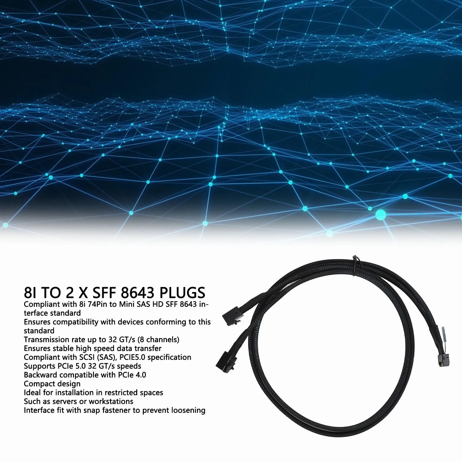 Kabel MCIO 8i do 2*SFF-8643, Przewód MCIO X8 74Pin do Mini SAS HD SFF-8643, Zgodny ze SCSI (SAS), PCIE 5.0, Przesyłania Danych 32GT/s, do Serwerowego Centrum Danych (31,5 cala)