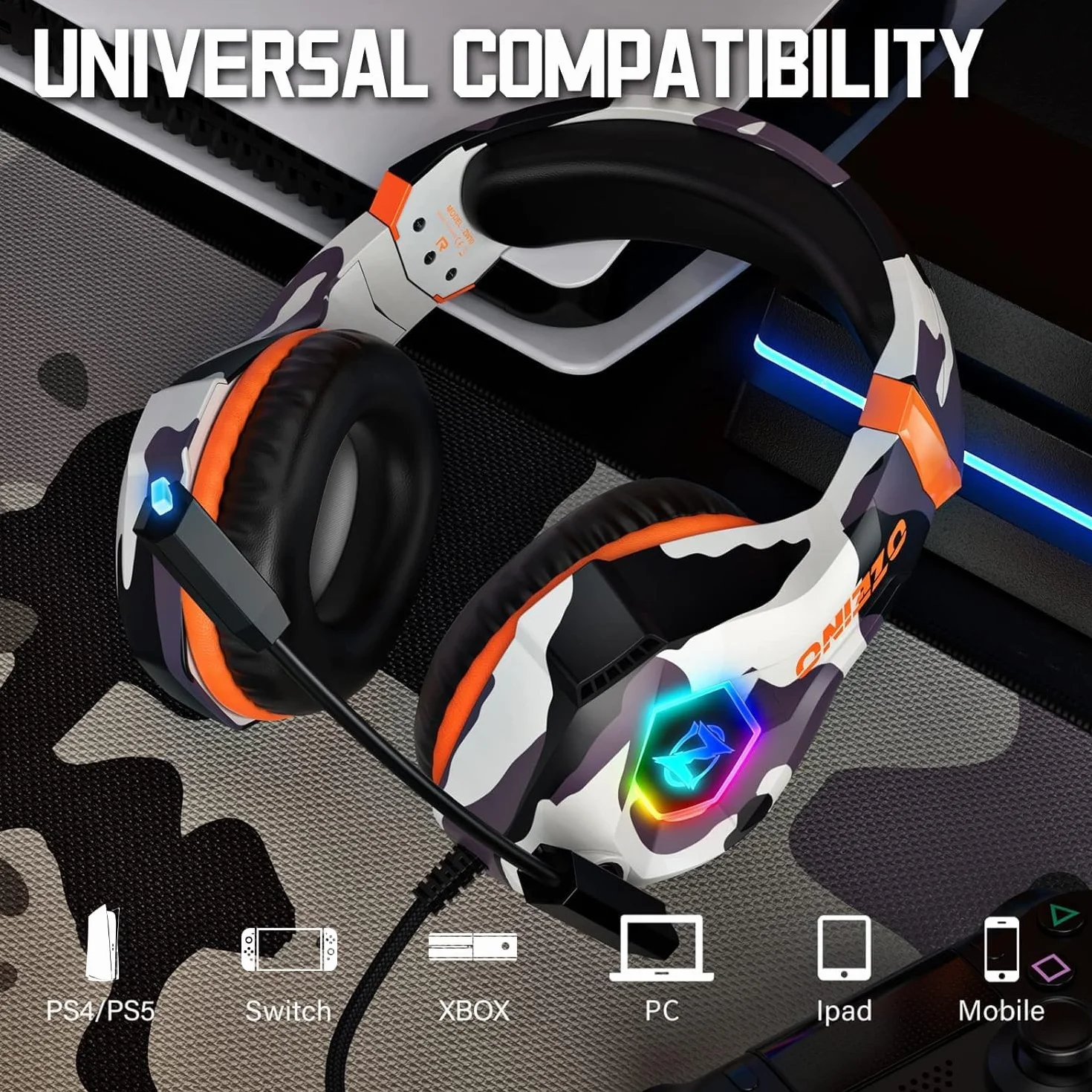 Ozeino Zestaw Słuchawkowy do Gier PS4 PS5 PC Xbox Switch, Słuchawki Nauszne z Dźwiękiem Przestrzennym i Światłem RGB