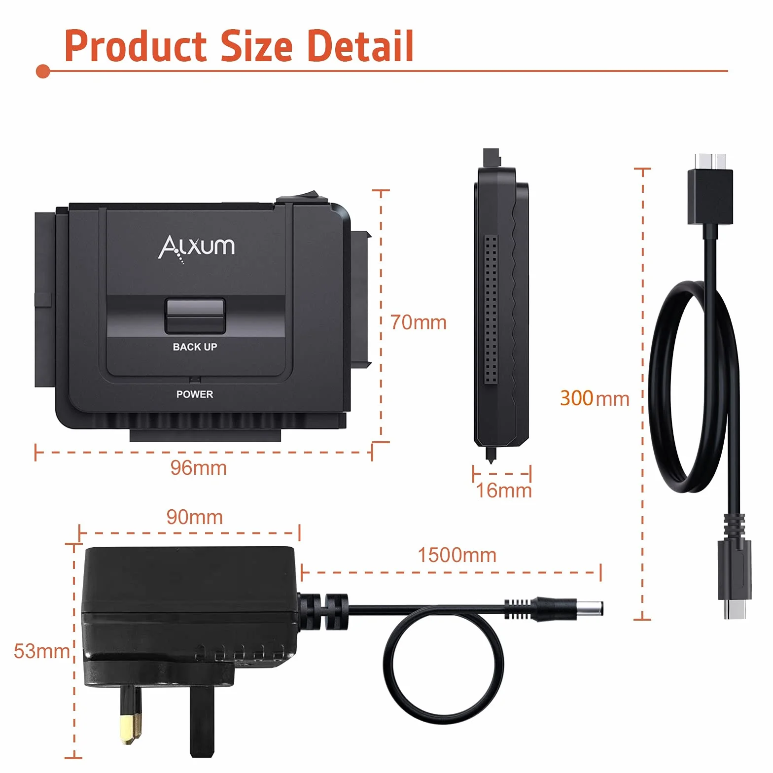Alxum konwerter dysku twardego SATAIDE na USB C, z zasilaczem 12 V / 2A i kablem USB C
