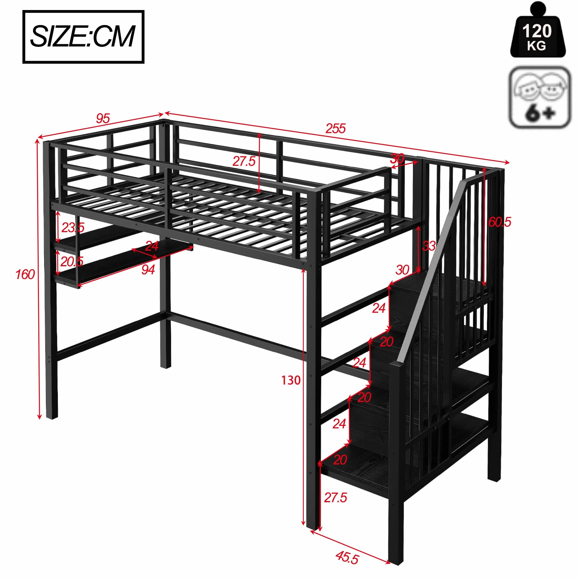 Łóżko piętrowe 90 x 200 cm żelazne z półkami i drabinką dla dzieci