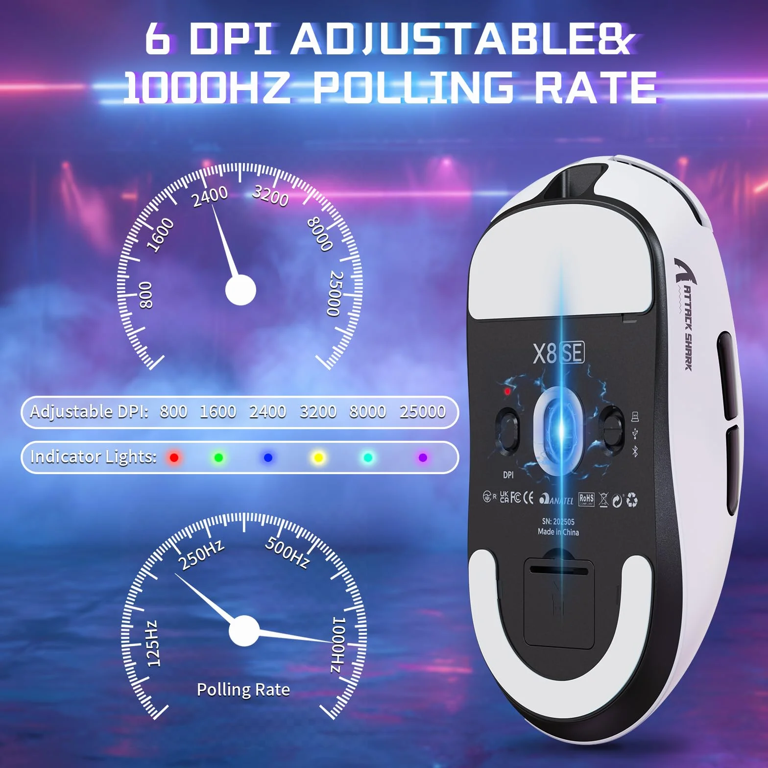 MAMBASNAKE X ATTACK SHARK X8SE Ultralekka bezprzewodowa mysz gamingowa 55g 25000DPI PixArt PAW3311 BT 2.4G USB-C Biała