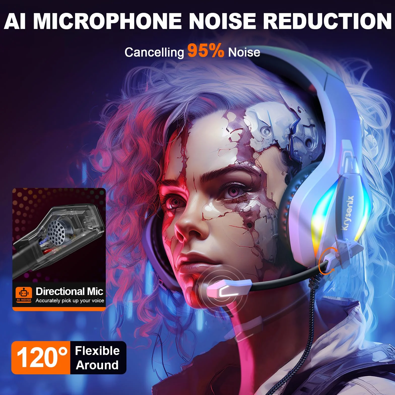 Krysenix PG1 Zestaw Słuchawkowy do Gier z Mikrofonem do PS4/PS5/PC/Xbox, Xbox One ze Światłem RGB, Gniazdem 3,5 mm, Biały