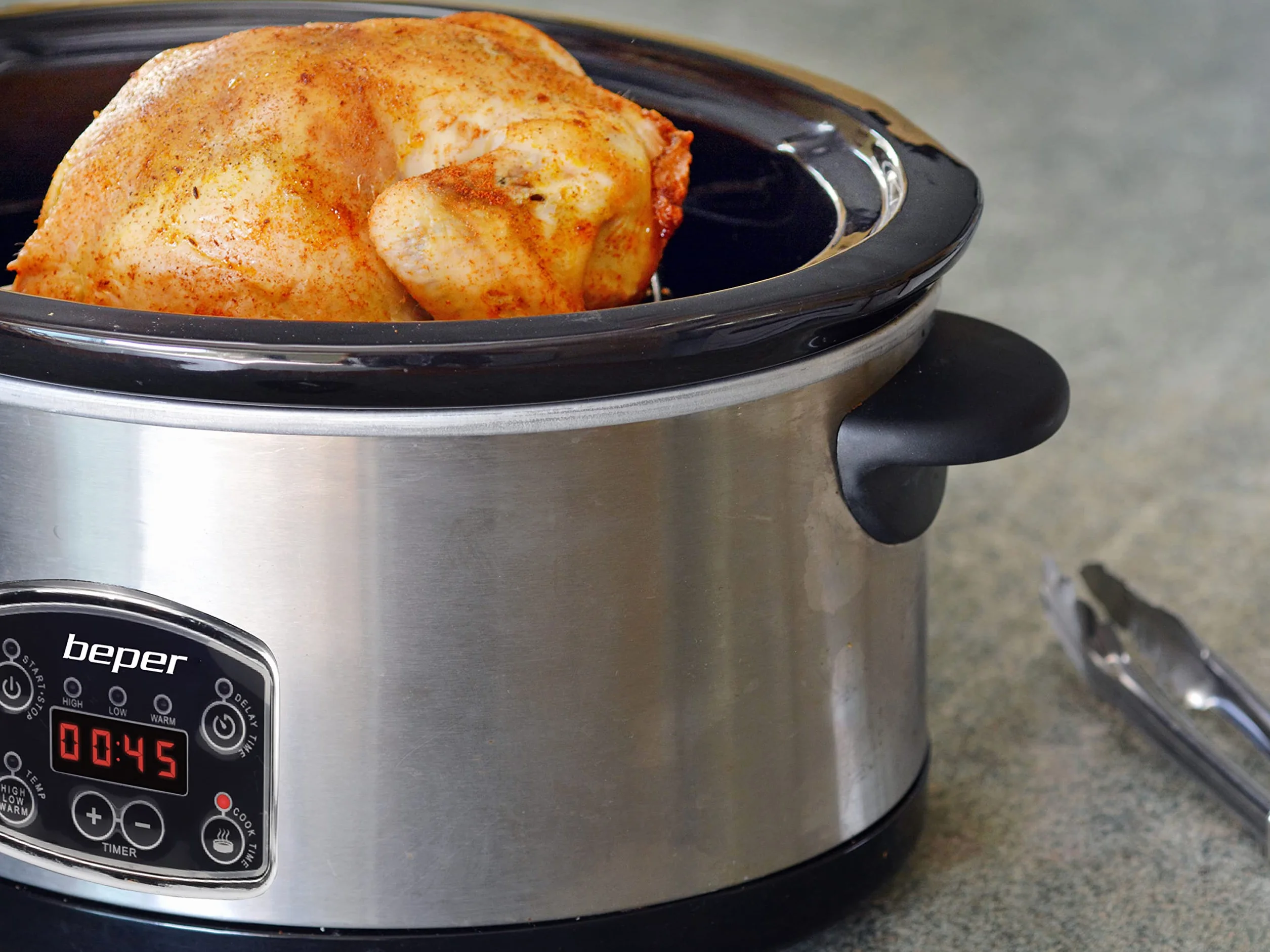 BEPER BC.510 Slow Cooker, 280 W, 4,5 litra, ceramika szklana, czarna i stal, Nero E Acciaio