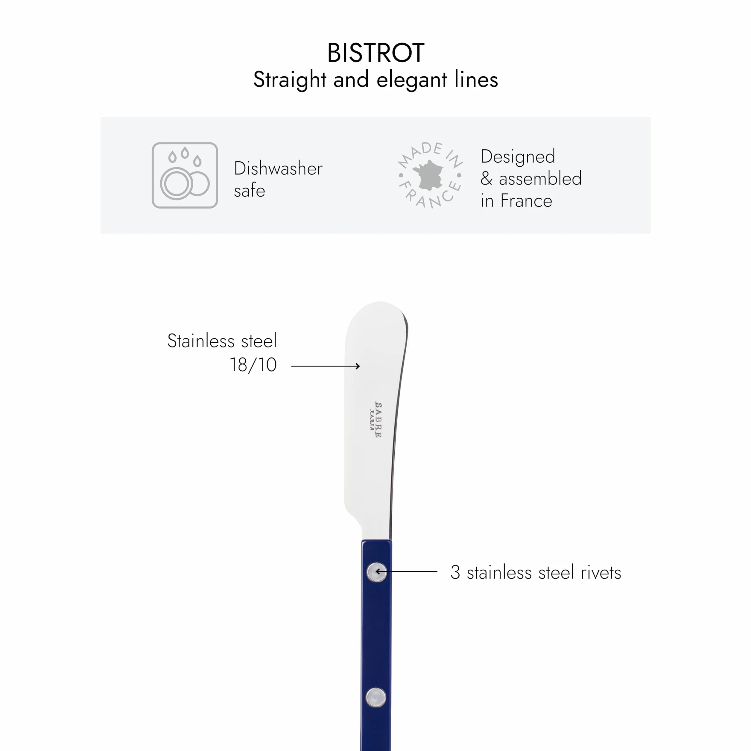 SABRE PARIS - Zestaw 2 noży do masła 14 cm - Bistrot - idealne do smarowania - stal nierdzewna i nylon - można myć - granatowy