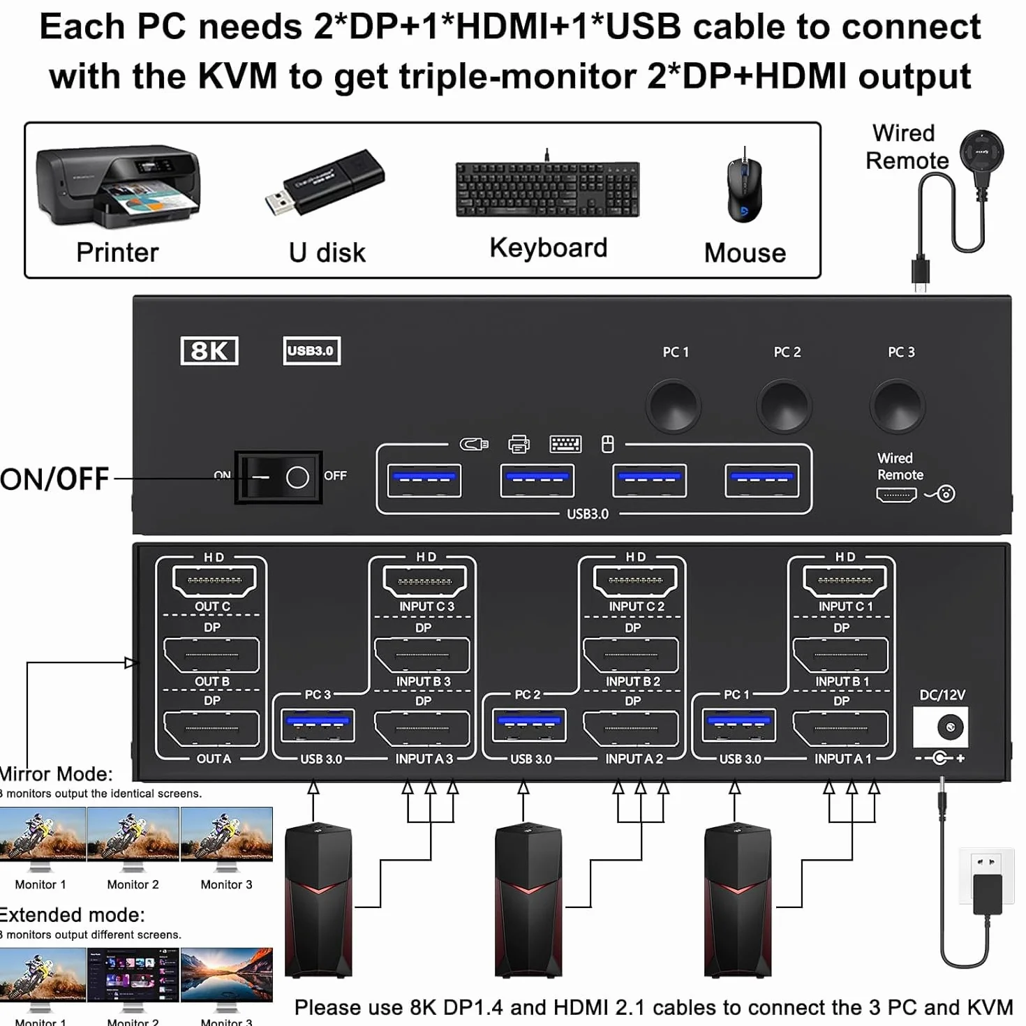 Przełącznik KVM 3 monitory 3 komputery 8K przy 60 Hz 4K przy 144 Hz, Camgeet HDMI+2 Displayport Przełącznik KVM Potrójny monitor dla 3 komputerów 3 monitory i 4 urządzenia USB 3.0, przewodowy pilot