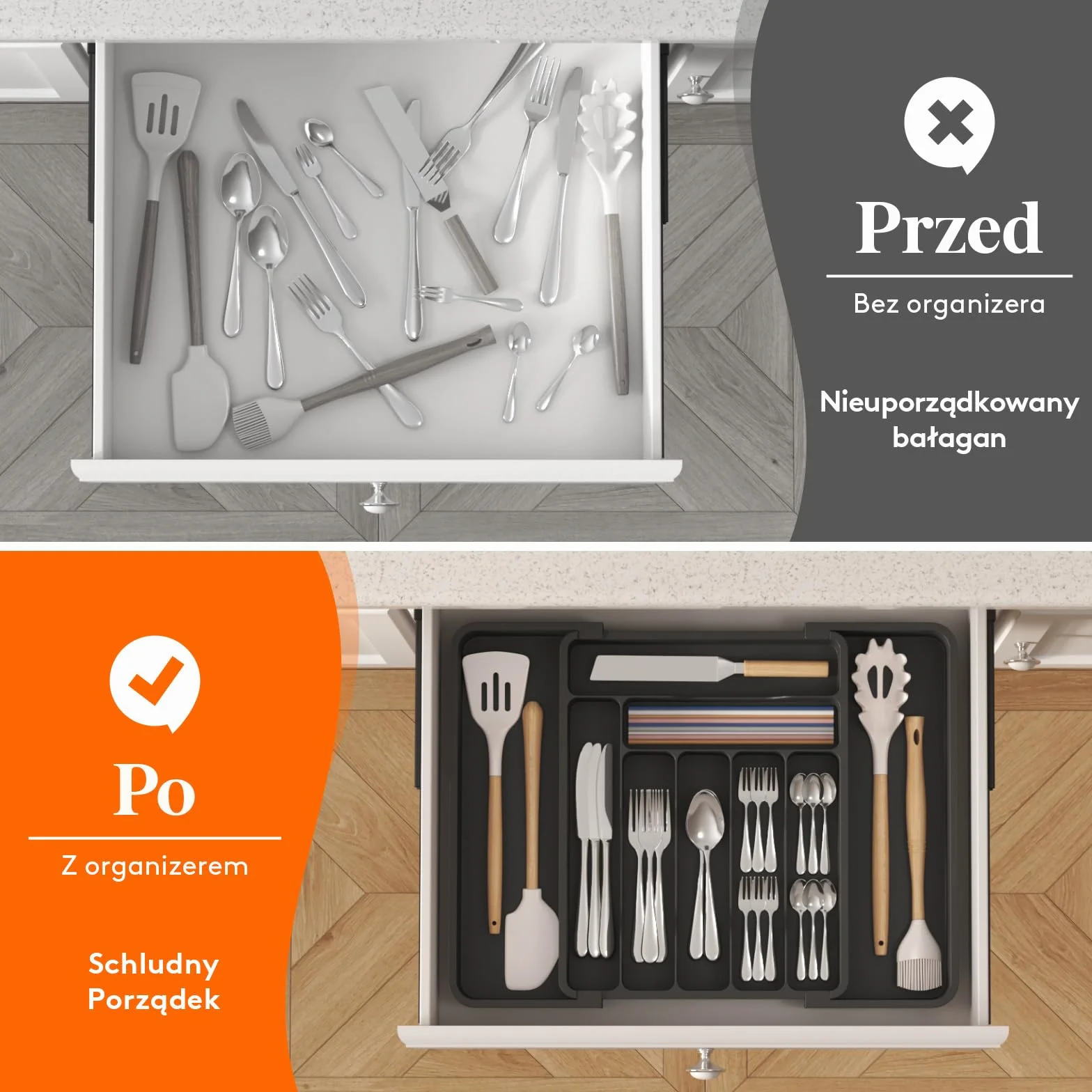 Lifewit Organizer do Szuflady na Sztućce, Wkład do Szuflady, Regulowany Organizer na Przybory Kuchenne, Plastikowy Taca na Sztućce, Szerokość 30-49,8cm, Głębokość 38cm, Czarny