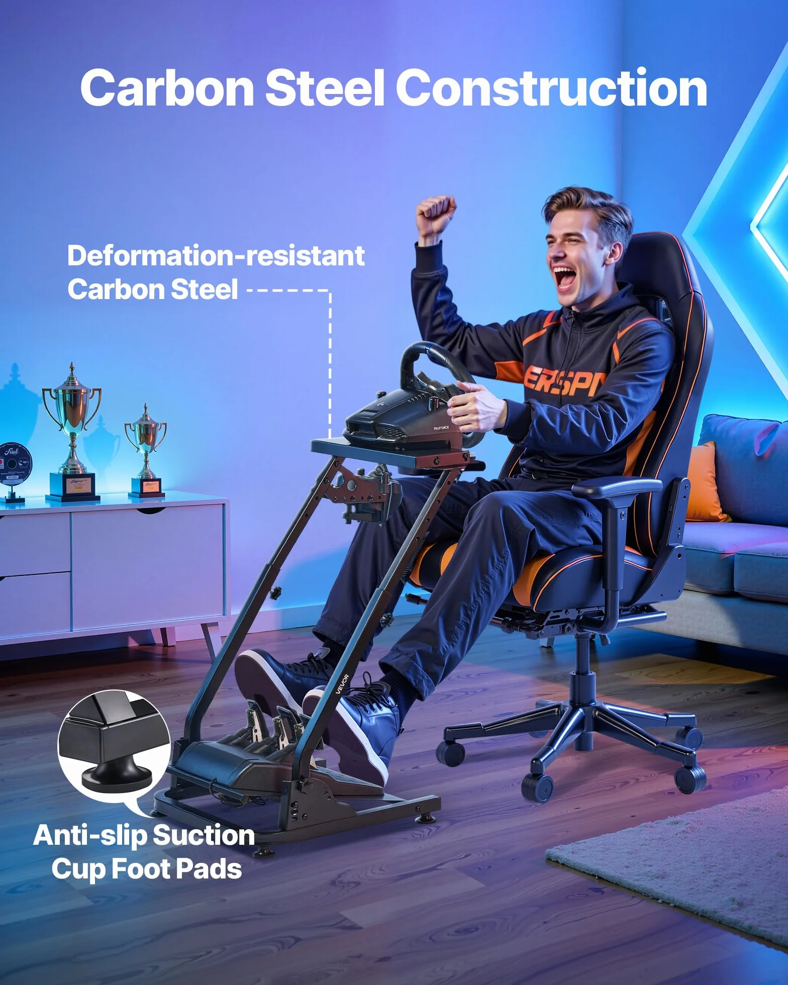 VEVOR Stojak na koła wyścigowe, regulowany i składany stojak na symulator do Logitech G29 G27 G920 G923, Thrustmaster T300RS T300GT T248 TS-PC TSXW Gaming Cockpit, symulator pedałów nie jest dołączony