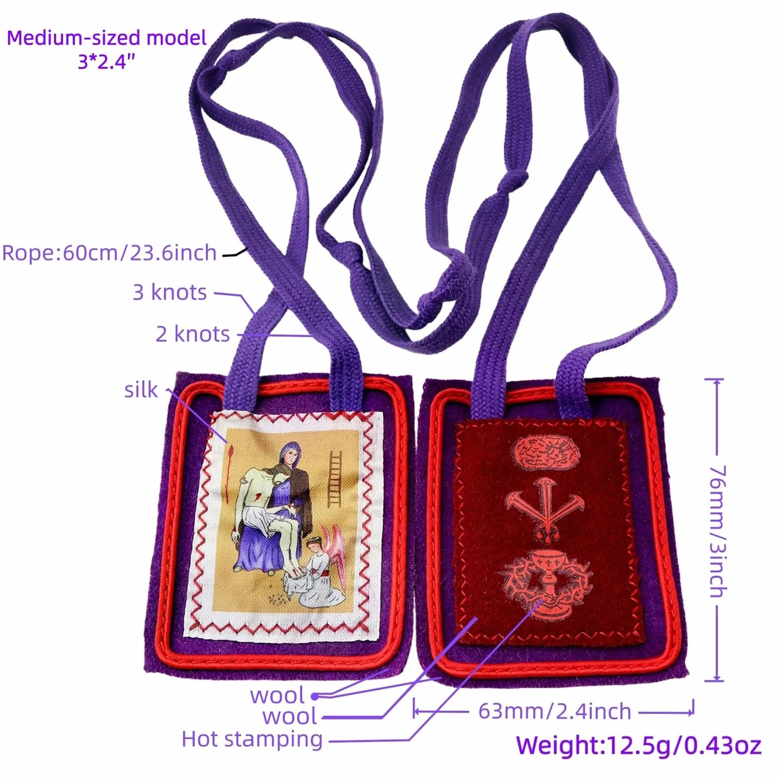 MERCILIA MEISHILAI 7,6 x 6,3 cm fioletowa szkaplerz - Escapulario Morado de Bendición y Protección wełniana szkaplerz na czasy końcowe - zawiera fioletową aksamitną torebkę i kartę modlitewną