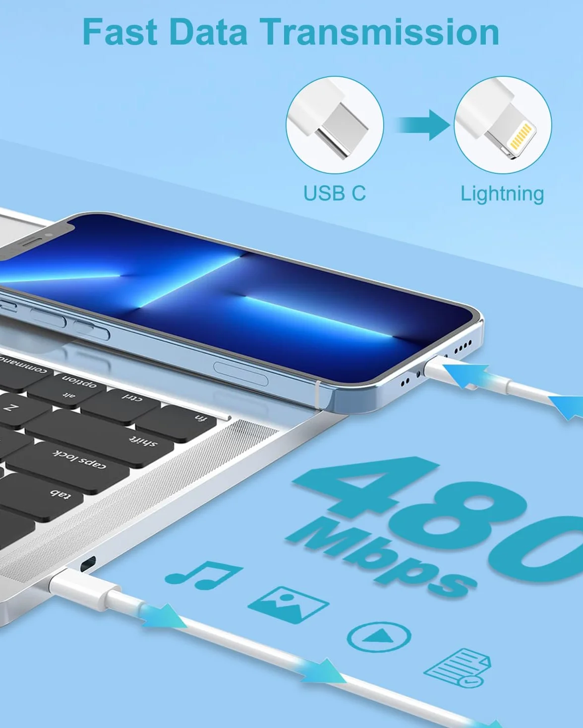 Kabel USB C na Lightning 2Pack 2M, certyfikowany przez MFi kabel do ładowarki iPhone'a, kabel do ładowarki iPada, kabel iPhone Lead Lightning kompatybilny z iPhone 14/13/12/11/X/XS/XR/8/7/6/SE/iPad