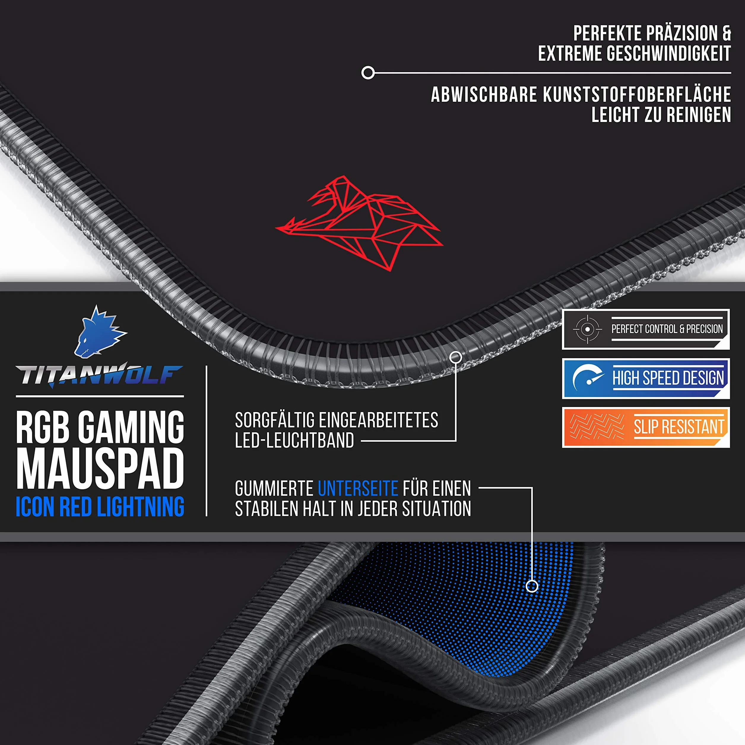 CSL-Computer Titanwolf gamingowa podkładka pod mysz RGB, podkładka na biurko, 800 x 300 mm, XXL podkładka pod mysz, LED, wielokolorowa, 11 trybów oświetlenia, 7 kolorów LED, plus 4 tryby efektu, zmywalna, czarna