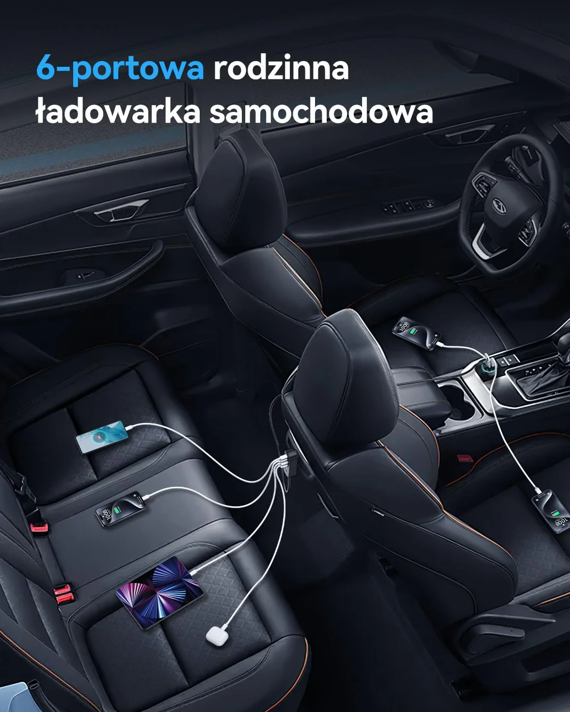 Rocoren Ładowarka samochodowa 105 W, PD35W QC3.0 6-portowa ładowarka samochodowa USB C Fast Charge z niebieską diodą LED i przewodem o długości 1,5 m do iPhone/iPad/Galaxy/Huawei/MacBook Air Serie