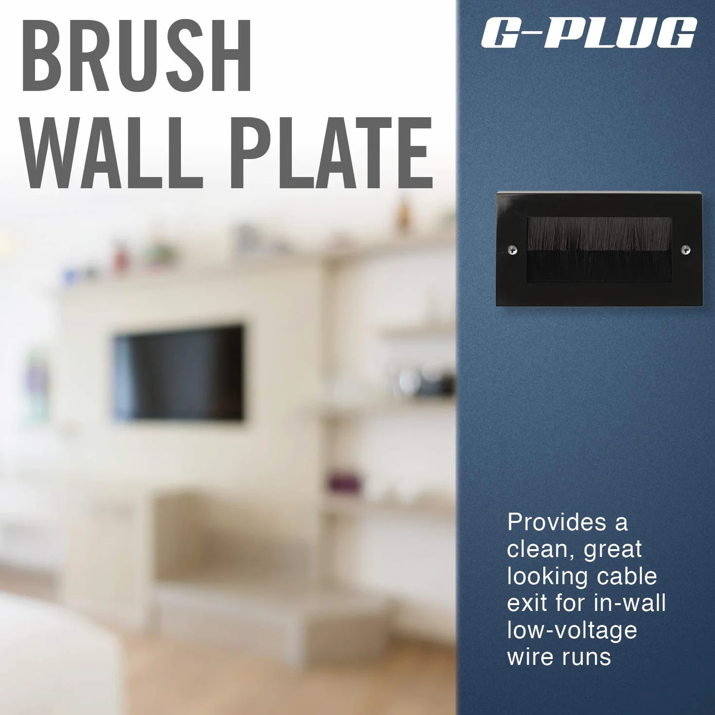 G-PLUG Płyta ścienna ze szczotką, styl Decora, wkładka do przepust kablowy do przewodów, jednobiegowy pasek dostępu do kabli, standard UK czarny z czarnymi szczotkami